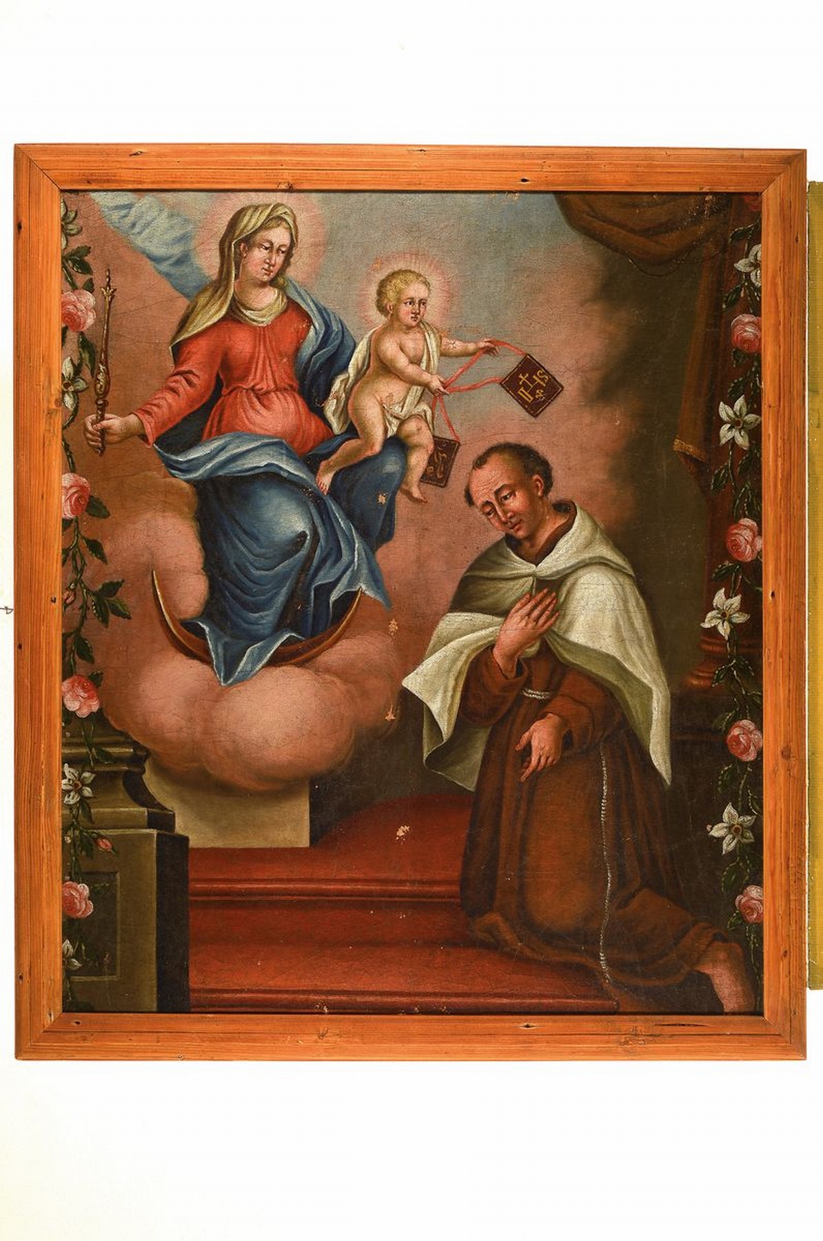 Detail k: Heiligenbild, süddeutsch, um 1840, Vision des Heiligen Franziskus, betender Franziskus mit Mutter Gottes und Jesus Christus, Öl/Lwd, unsigniert, ...