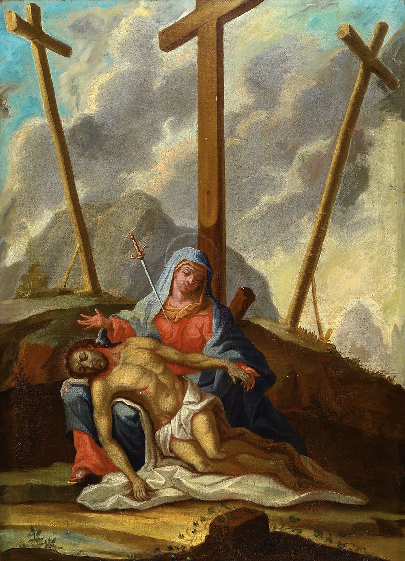 Süddeutscher Künstler, um 1750, Pieta, Mater Dolorosa/Schmerzensmutter, Maria im roten Kleid und blauem Mantel mit einem Schwert in der Brust, im ...