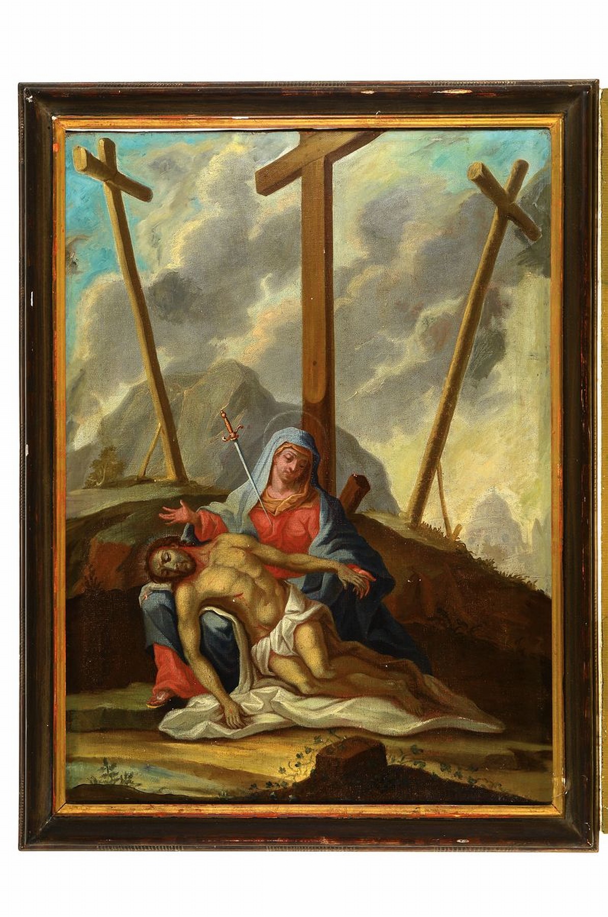 Detail k: Süddeutscher Künstler, um 1750, Pieta, Mater Dolorosa/Schmerzensmutter, Maria im roten Kleid und blauem Mantel mit einem Schwert in der Brust, im ...