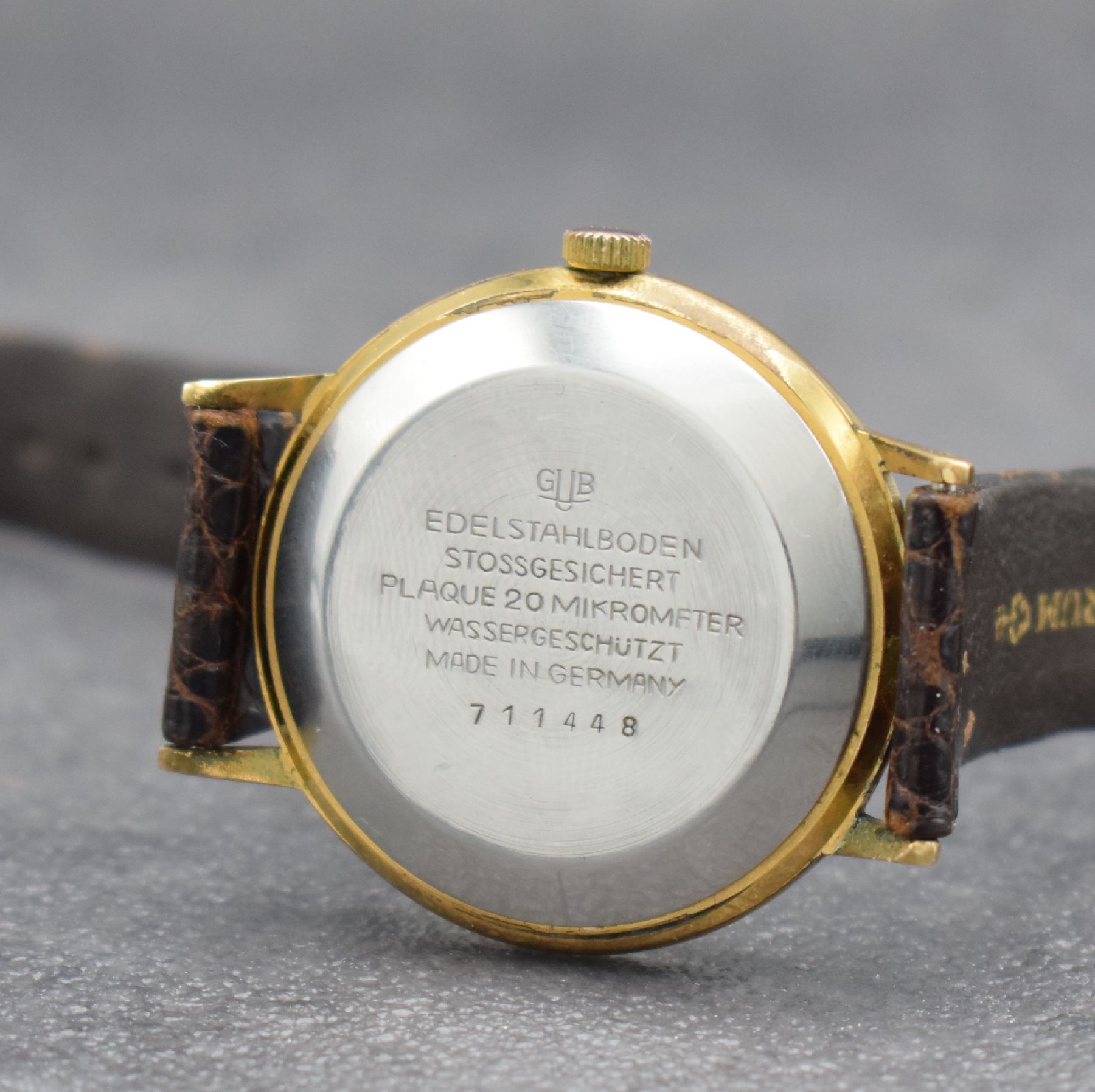 Detail f: GLASHÜTTE Spezimatic vergoldete Herrenarmbanduhr, Deutschland um 1965, Automatik, 2 tlg.-Geh., Edelstahlboden aufgedr., gold. Zifferbl. m. gold. ...