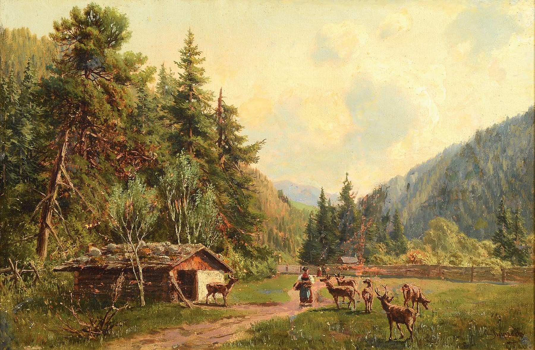 Otto von Ruppert, 1841 Waldshut - 1923 München, Rotwild im Gehege mit Bäuerin, Öl/Lwd, re. u. signiert, rückseitig auf Keilrahmen beschriftet: ...