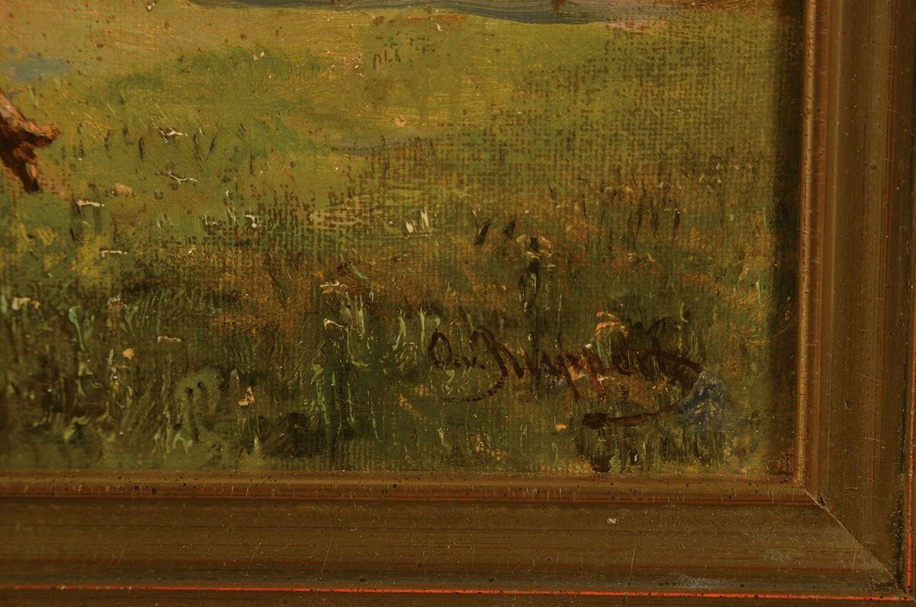 Detail a: Otto von Ruppert, 1841 Waldshut - 1923 München, Rotwild im Gehege mit Bäuerin, Öl/Lwd, re. u. signiert, rückseitig auf Keilrahmen beschriftet: ...