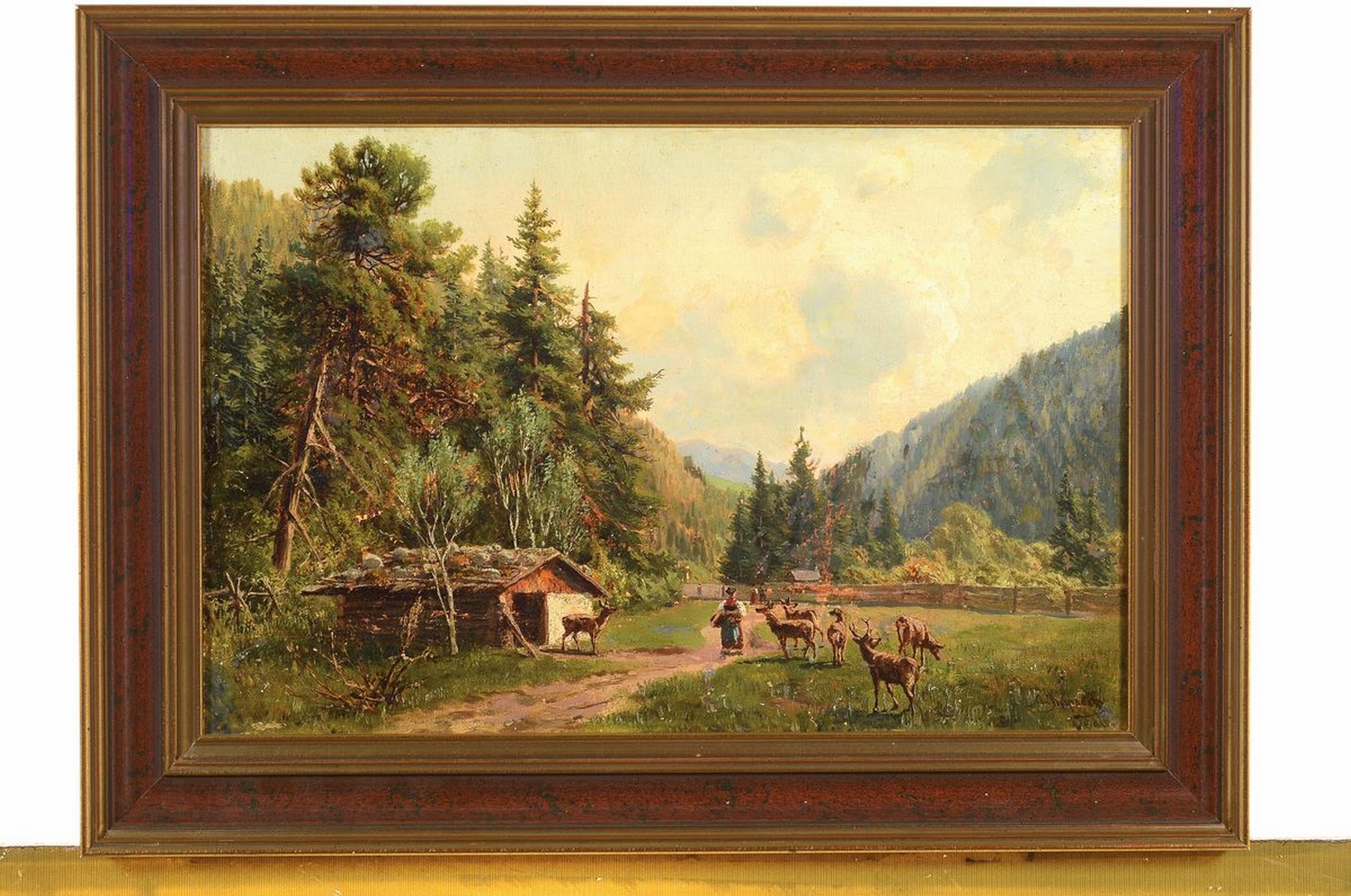 Detail k: Otto von Ruppert, 1841 Waldshut - 1923 München, Rotwild im Gehege mit Bäuerin, Öl/Lwd, re. u. signiert, rückseitig auf Keilrahmen beschriftet: ...