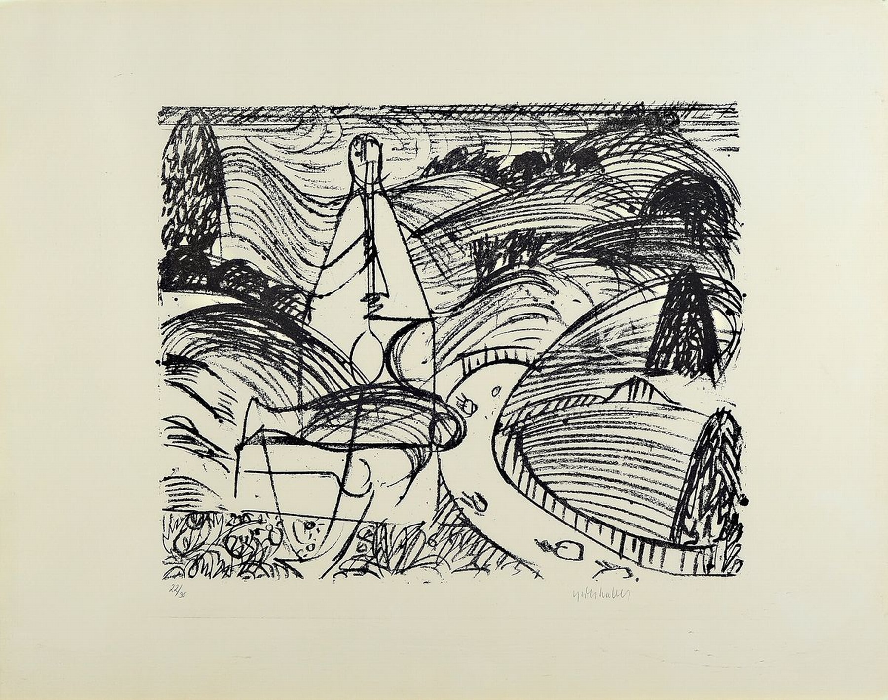 HAP Grieshaber, Flöte-Spielerin, Lithografie, num. 22/30, handsigniert, ca. 38 x 46 cm, unter Glas, Rahmen ca. 62 x 75 cm