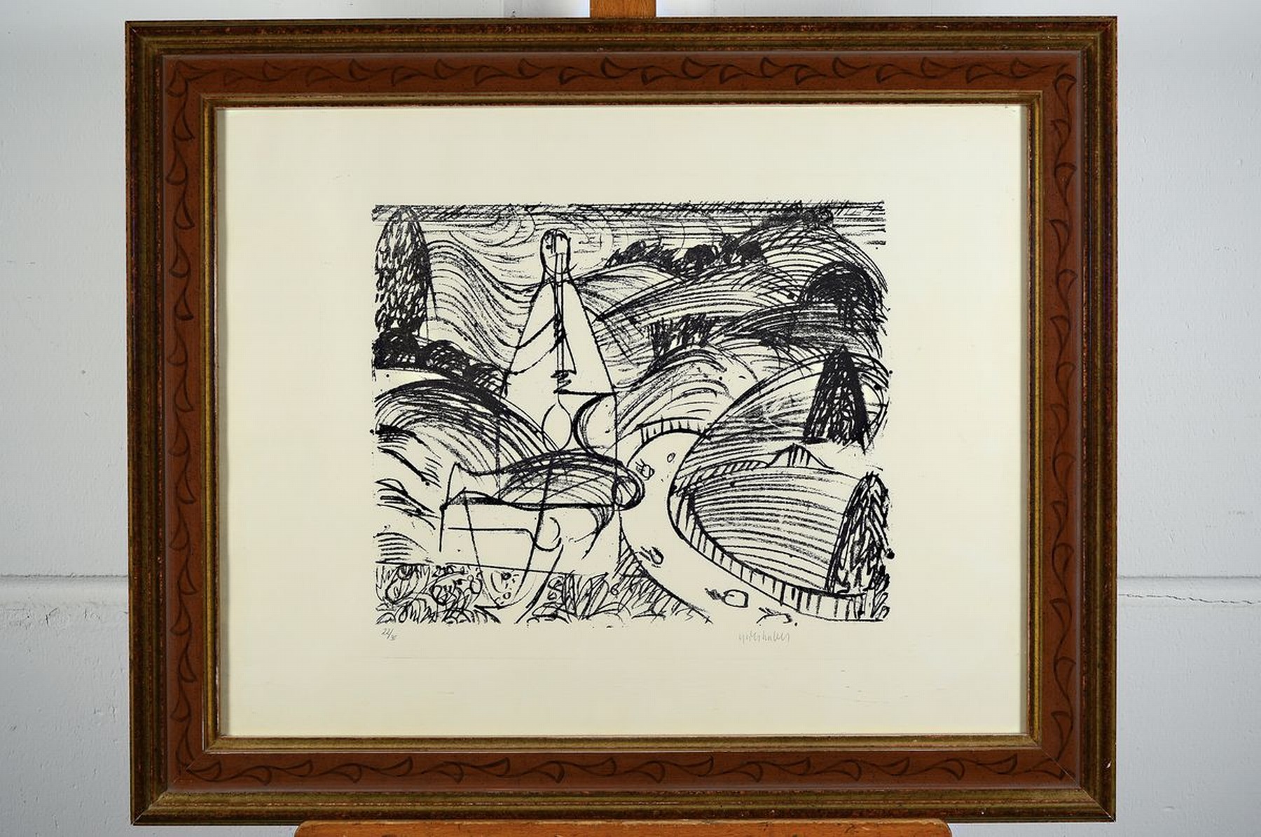 Detail k: HAP Grieshaber, Flöte-Spielerin, Lithografie, num. 22/30, handsigniert, ca. 38 x 46 cm, unter Glas, Rahmen ca. 62 x 75 cm