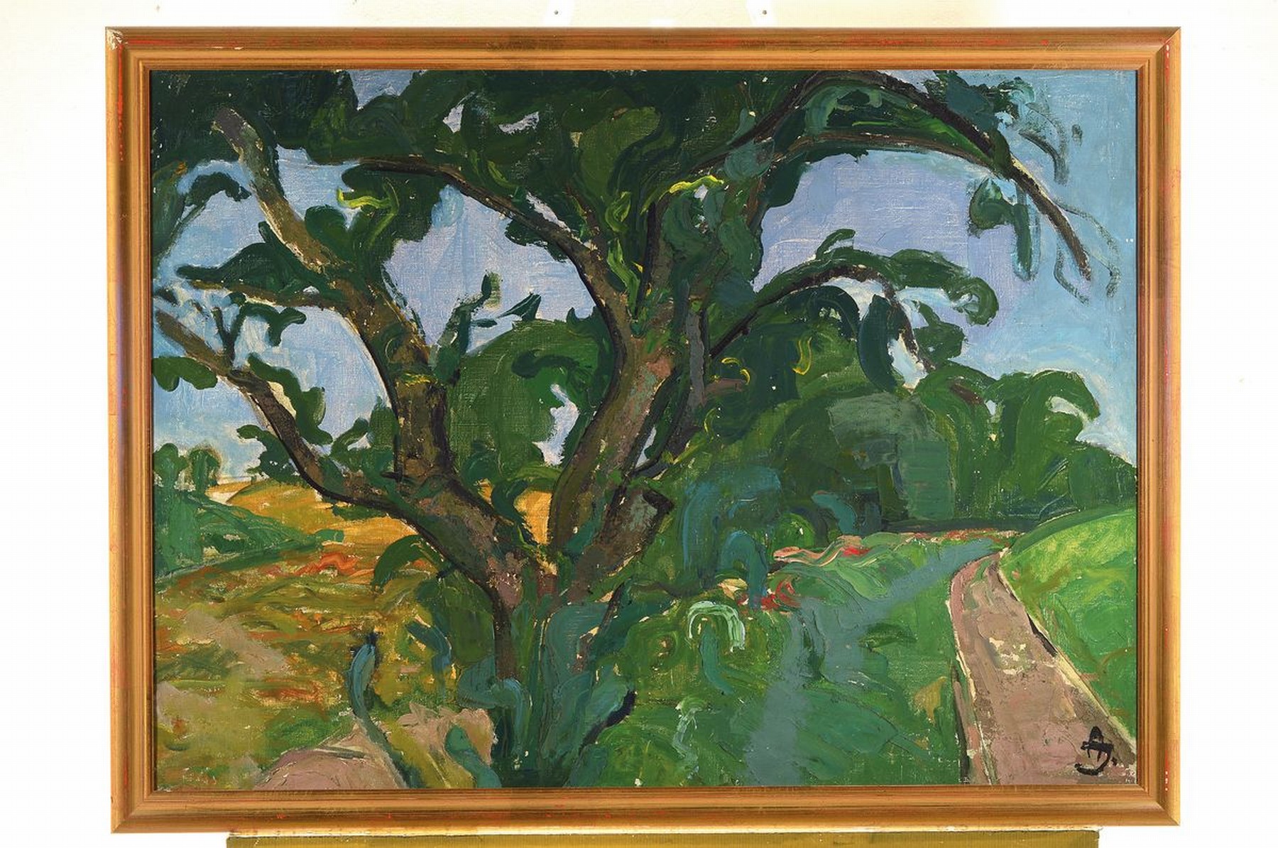 Detail k: Anton Jeschek, Maler, Illustrator aus Wien, 20er Jahre, (Zuschreibung), sommerliche Landschaft mit großem Baum im Vordergrund, Öl/Lwd, re. u. ...