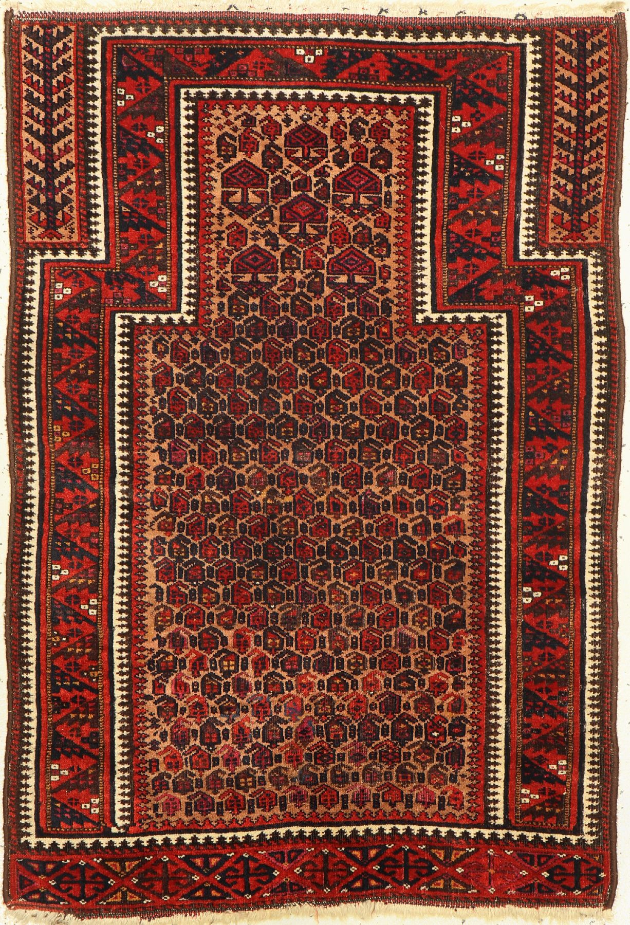 Antiker Belutsch Gebetsteppich, Persien, 19.Jhd, Kamelwolle geknüpft auf Wolle, ca, 140 x 86 cm,EHZ:3(Altersbedingt guter Zustand).