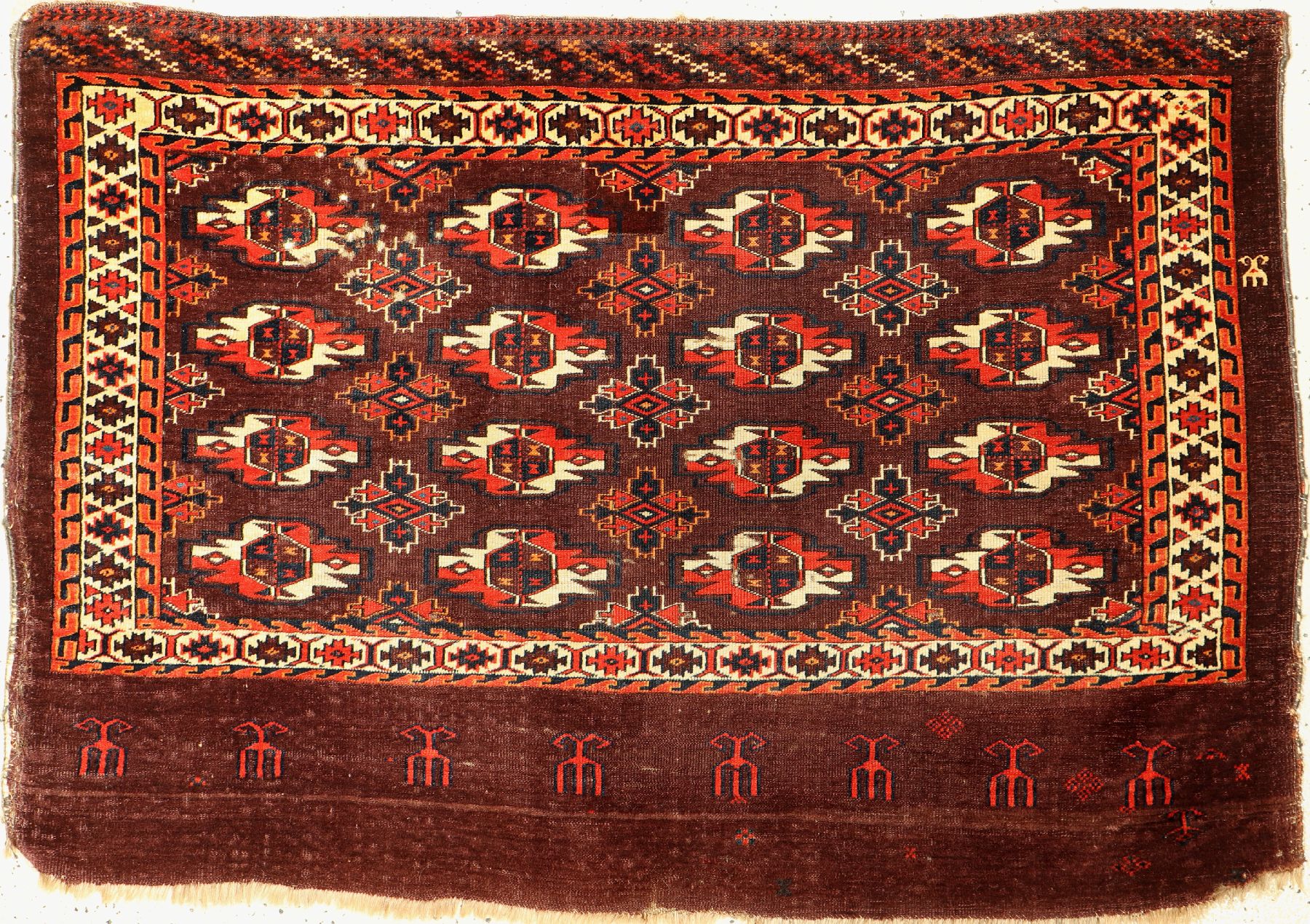 Yomuth Djowal antik, Turkmenistan, Mitte 19.Jhd, Wolle auf Wolle, ca. 123 x 84 cm, EHZ:(Altersbedingter Zustand).