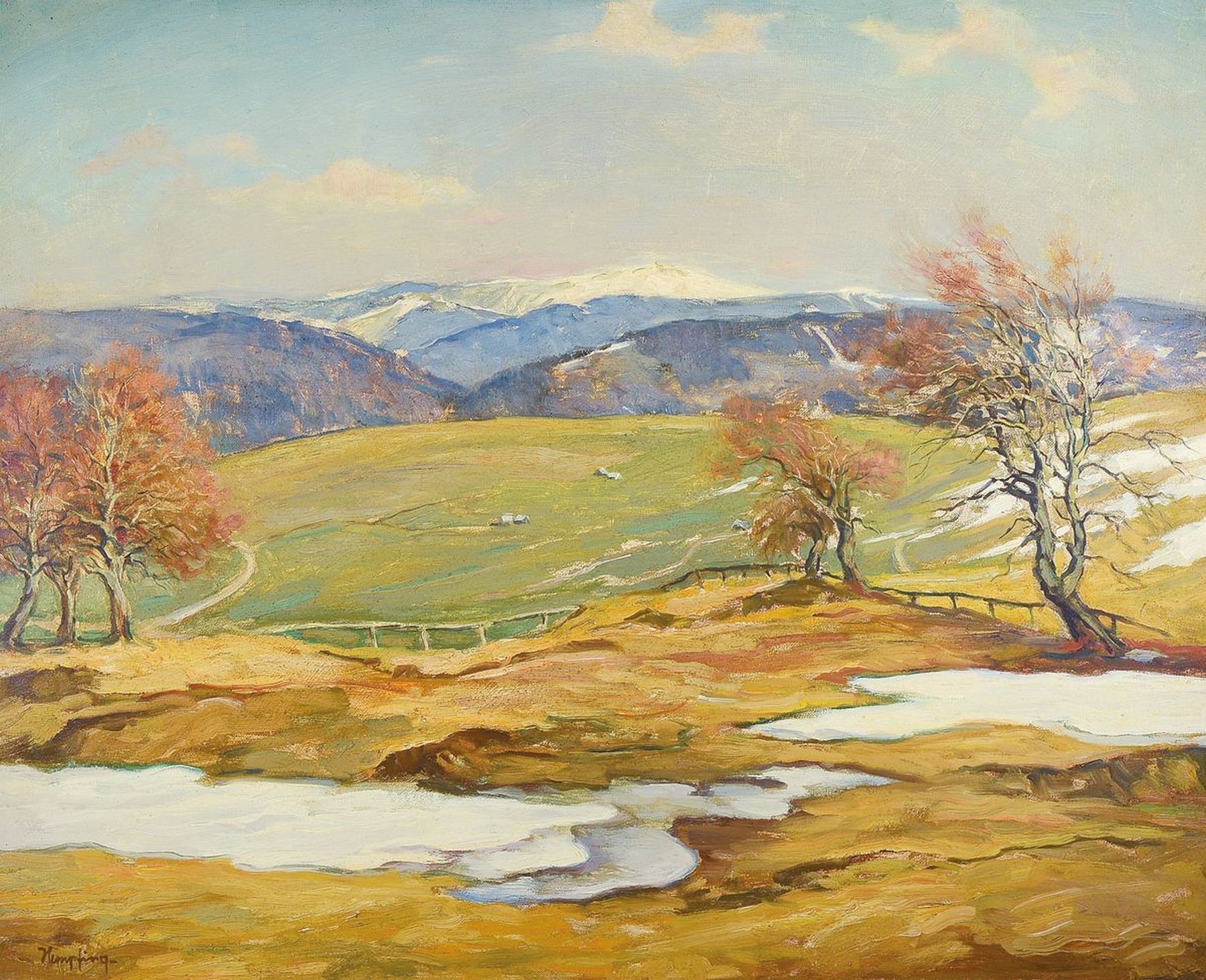 Wilhelm Hempfing, 1889 Schönau-1948 Karlsruhe, Vorfrühling im Schwarzwald, Öl/Malkarton, gekonnte Tiefenstaffelung und Farbdifferenzierung, li. u. ...