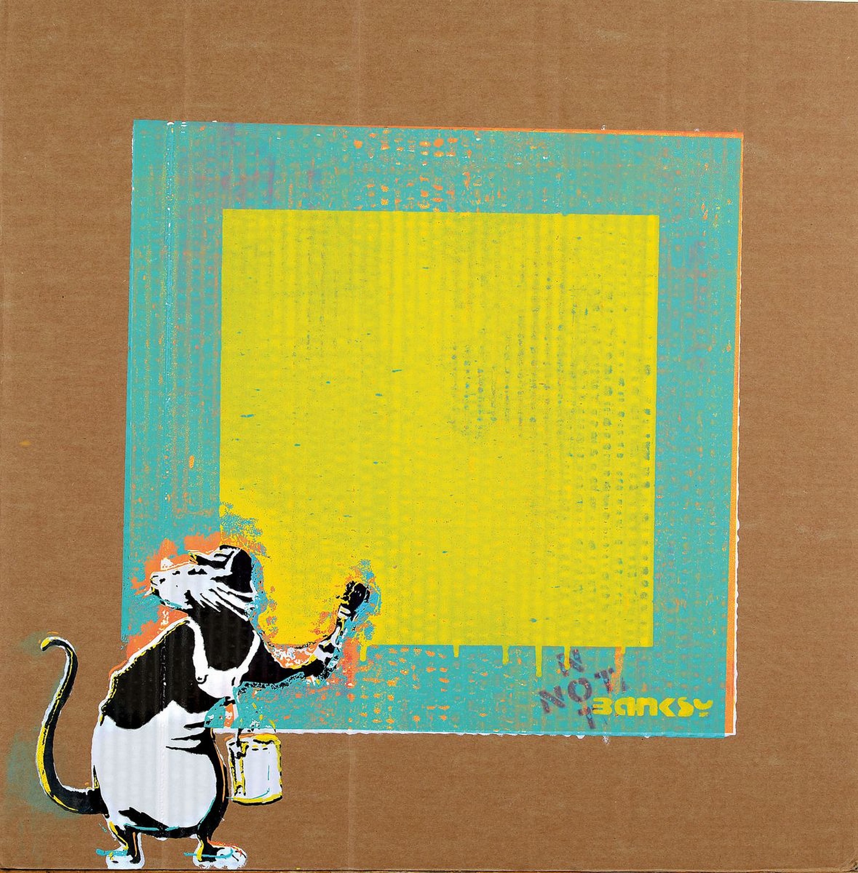 Banksy by Not Banksy, "Rat with Not Black Square", 2018, Siebdruck/Karton, verso sign., Stempel, num. 11/59, inkl. Zertifikat dieser Fleckig