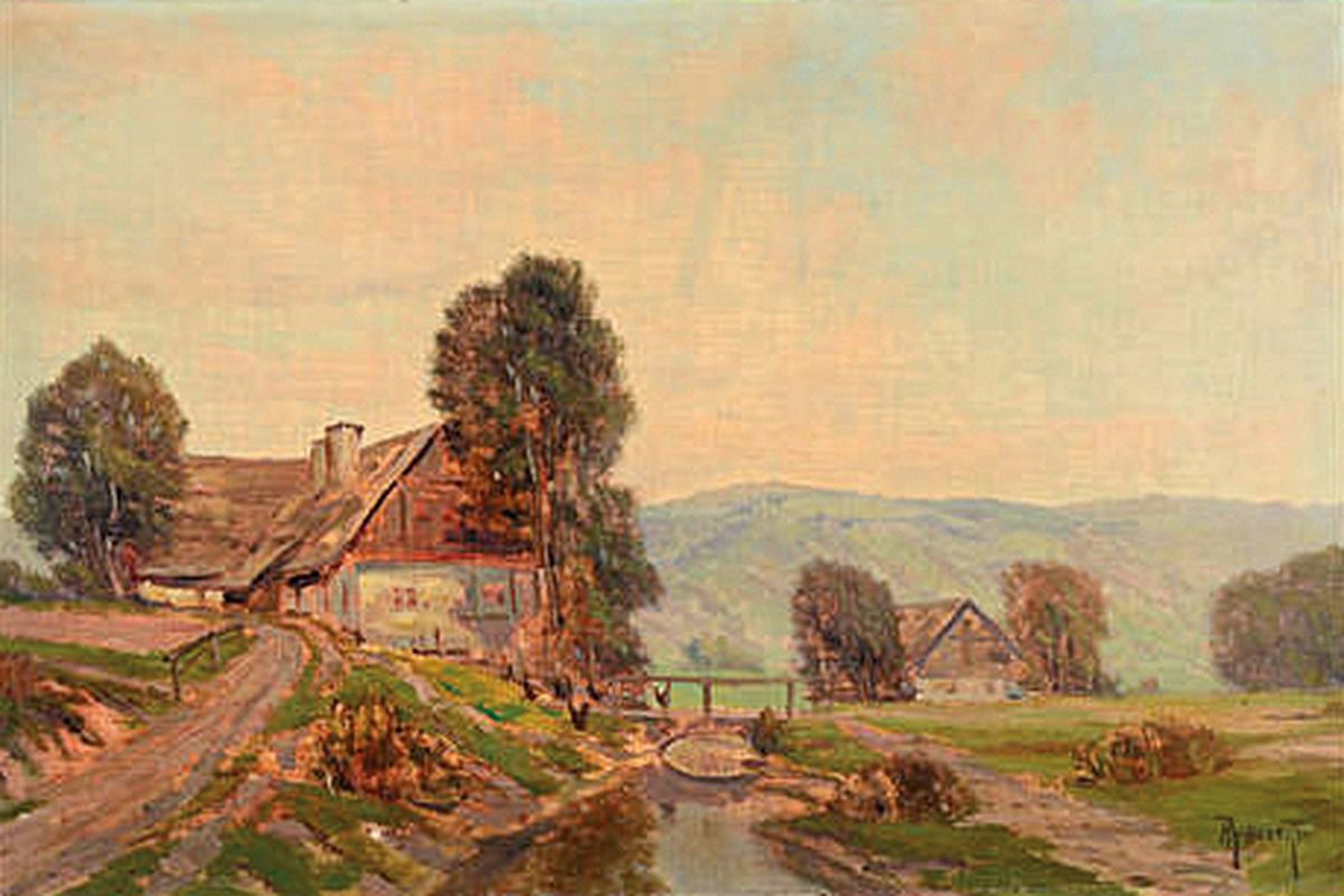A. Schubert, wohl süddeutscher Maler, Mitte 20. Jh., Bauernhäuser in Vorgebirgslandschaft, Öl/Lwd, signiert, leichte Druckstellen, ca. 42 x 78 cm, ...