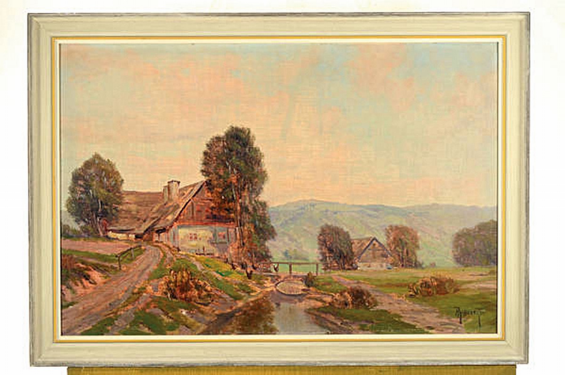 Detail k: A. Schubert, wohl süddeutscher Maler, Mitte 20. Jh., Bauernhäuser in Vorgebirgslandschaft, Öl/Lwd, signiert, leichte Druckstellen, ca. 42 x 78 cm, ...
