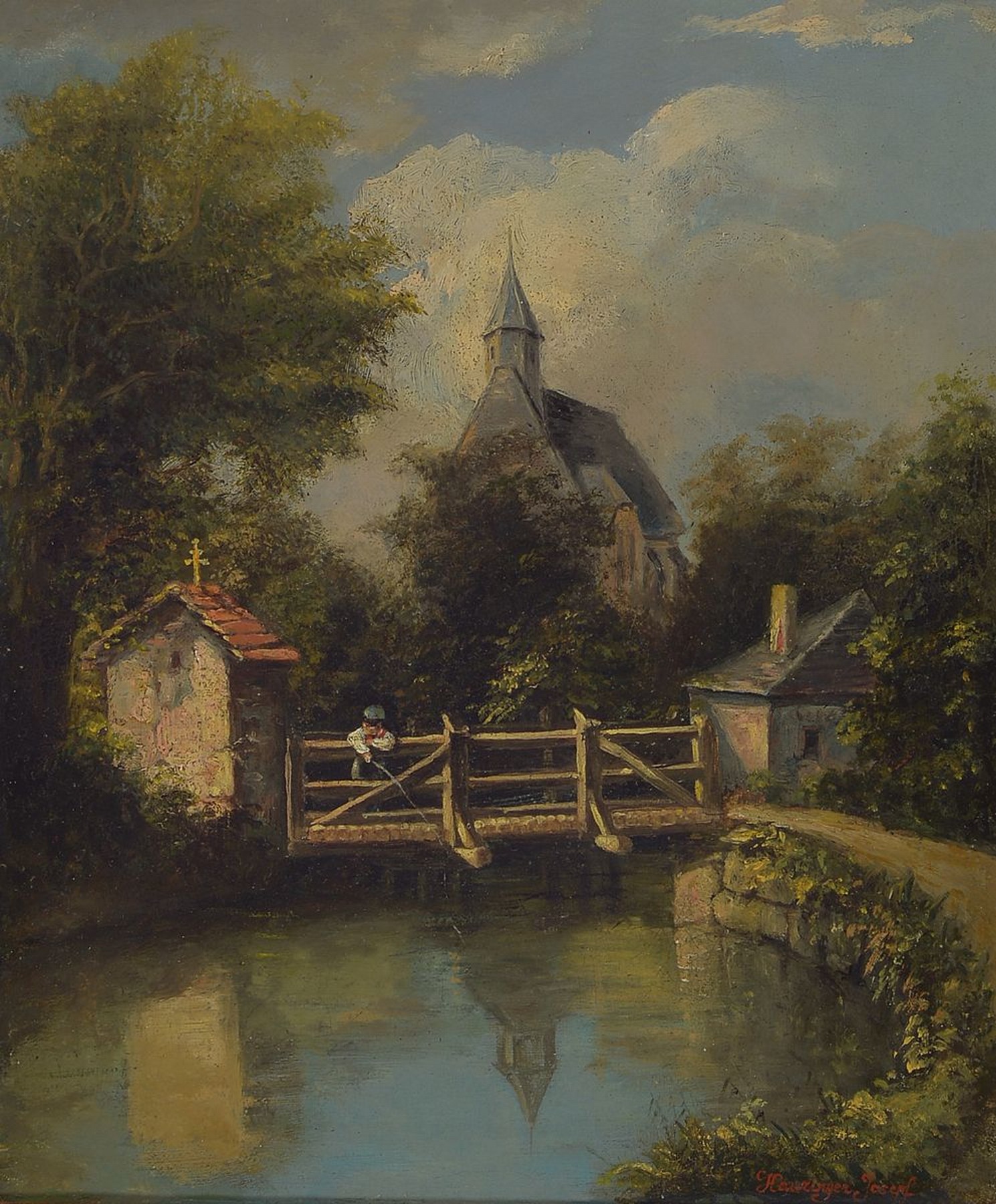 Josef Hauringer, wohl süddeutscher Maler, um 1870/80, kleiner Angler auf der Brücke, Öl/Lwd, idyll. Flußlandschaft, re. u. rot signiert, ca. 34 x ...