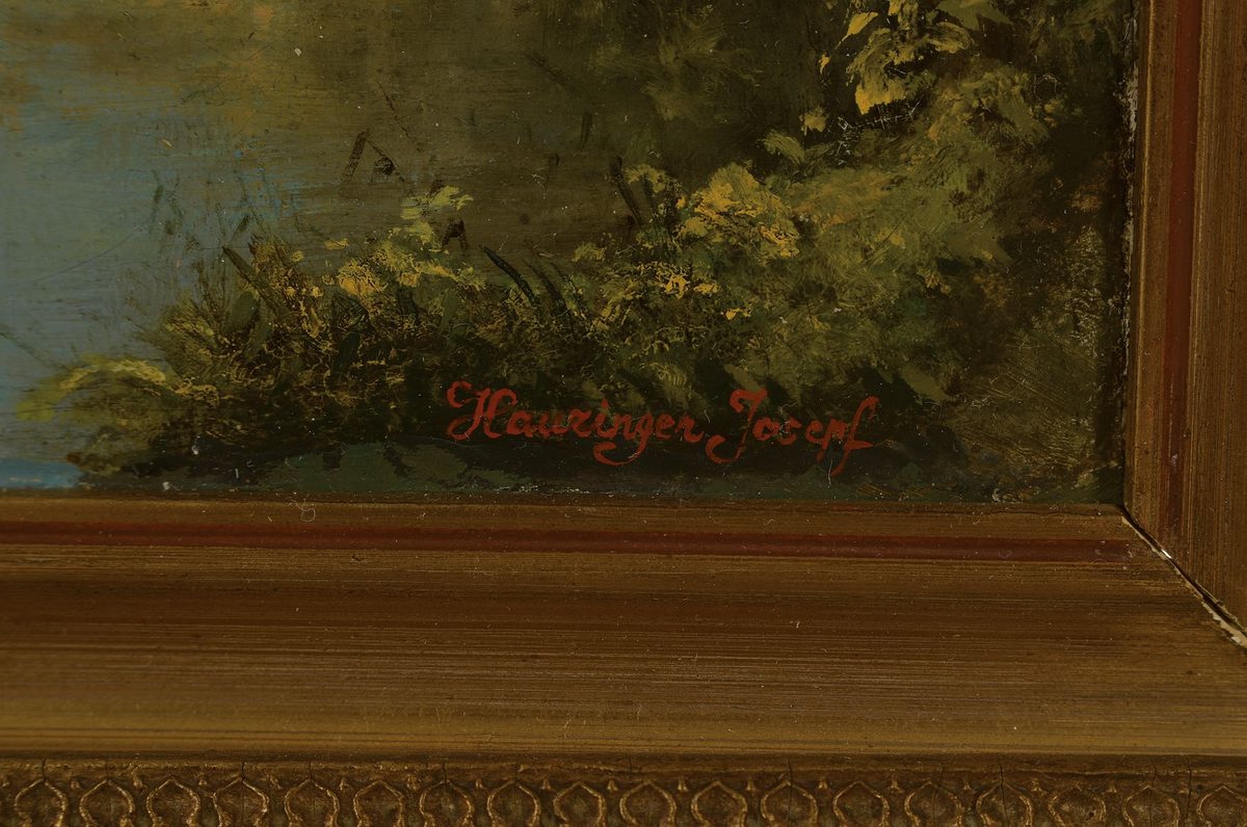 Detail a: Josef Hauringer, wohl süddeutscher Maler, um 1870/80, kleiner Angler auf der Brücke, Öl/Lwd, idyll. Flußlandschaft, re. u. rot signiert, ca. 34 x ...
