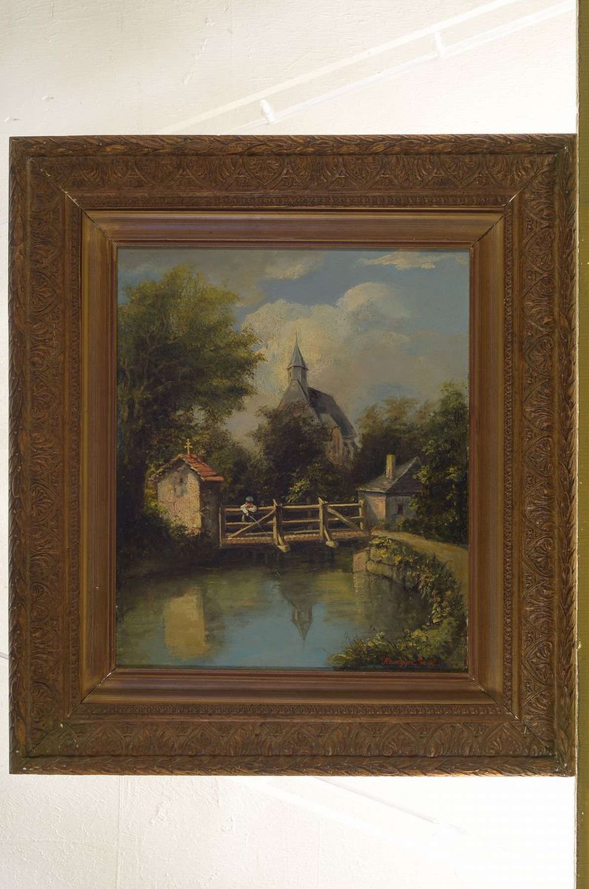 Detail k: Josef Hauringer, wohl süddeutscher Maler, um 1870/80, kleiner Angler auf der Brücke, Öl/Lwd, idyll. Flußlandschaft, re. u. rot signiert, ca. 34 x ...