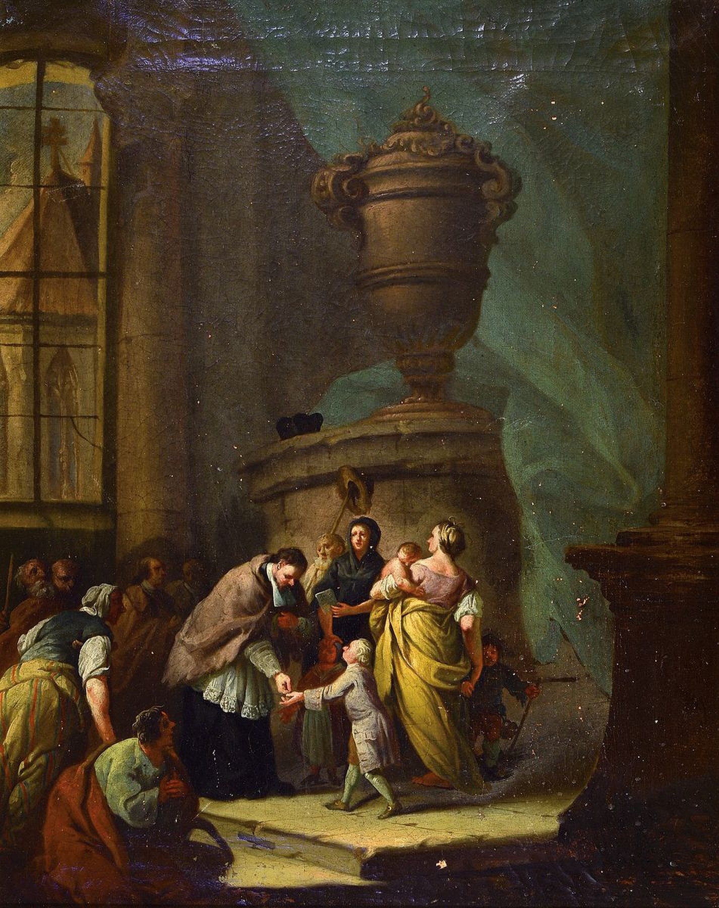 Unbekannter Meister, wohl Frankfurter Raum, um 1760, Spende des jungen Adeligen an den Geistlichen für die Almosen, Öl/Lwd, der Geistliche nimmt ...