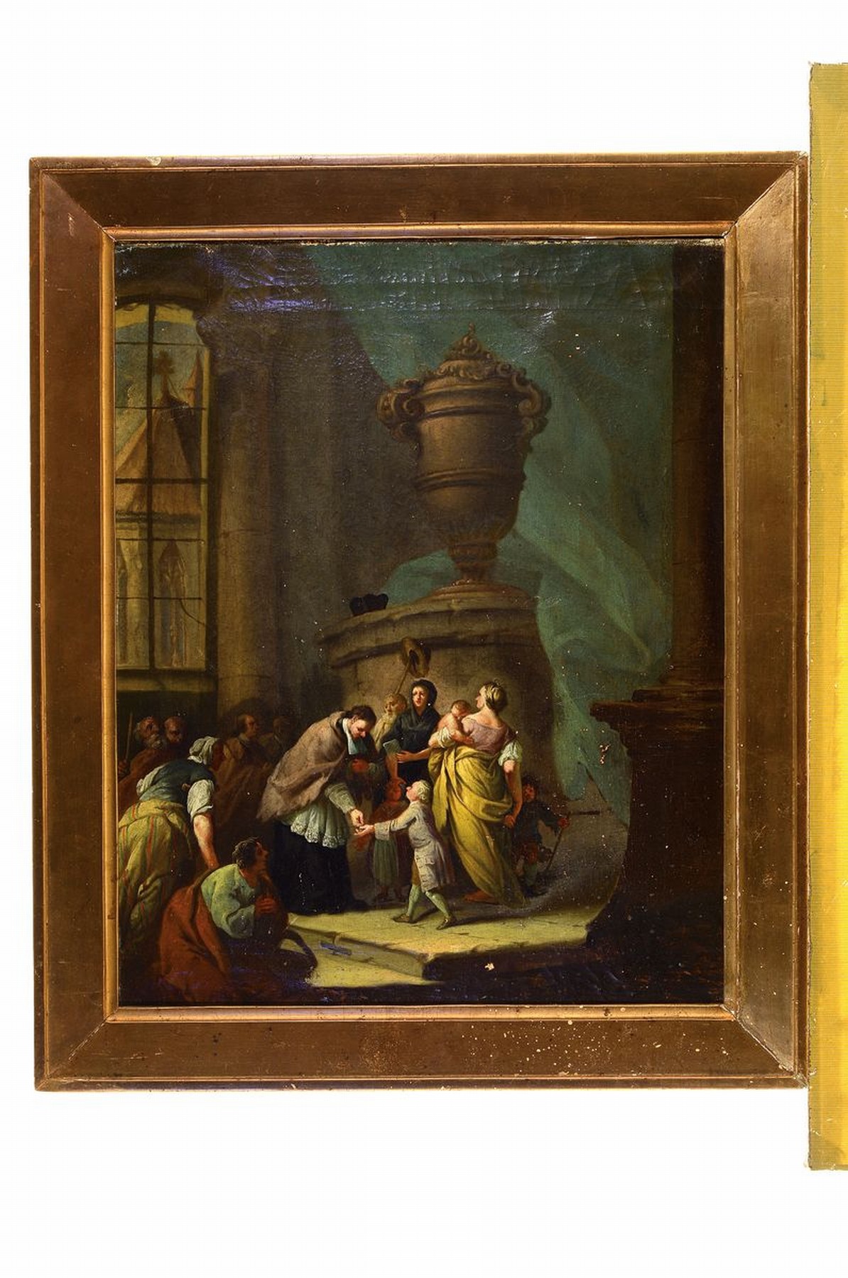 Detail k: Unbekannter Meister, wohl Frankfurter Raum, um 1760, Spende des jungen Adeligen an den Geistlichen für die Almosen, Öl/Lwd, der Geistliche nimmt ...