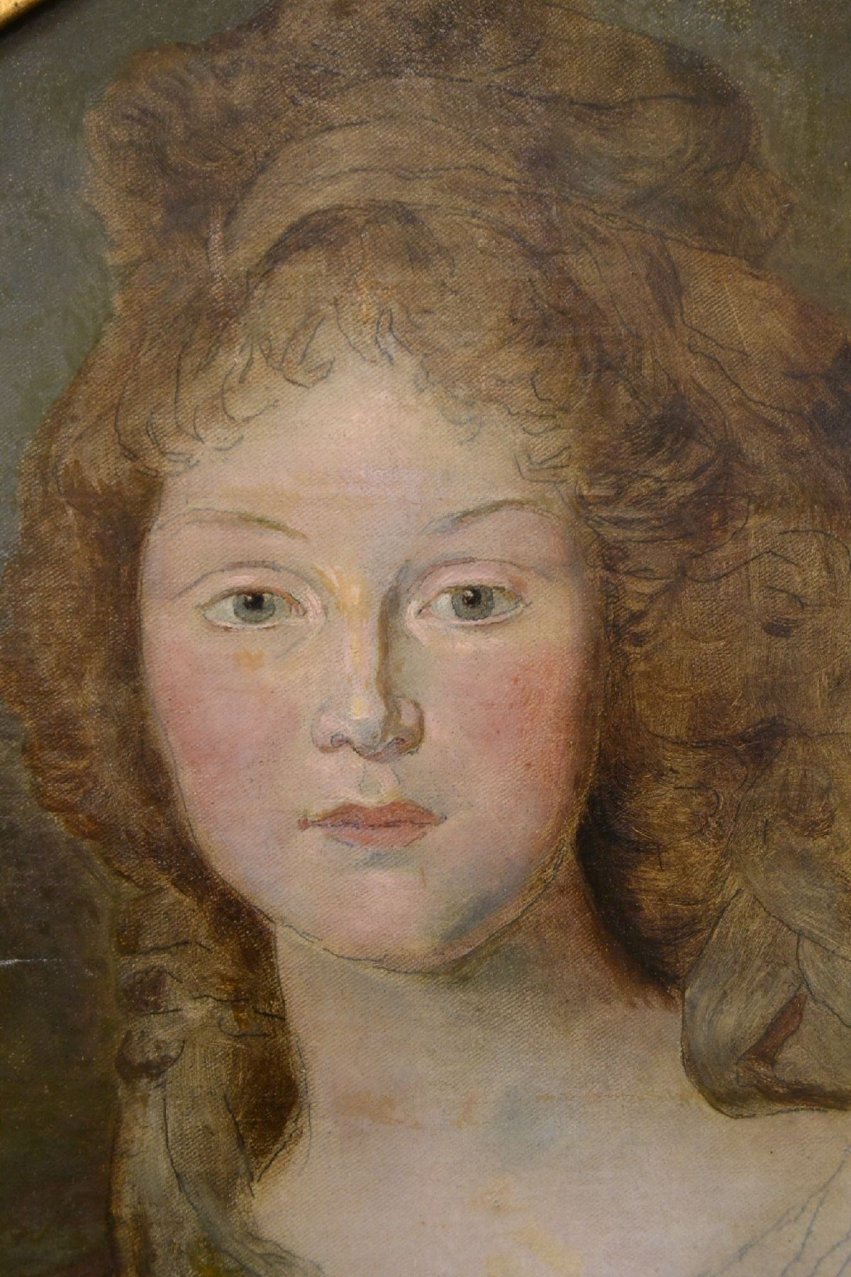 Detail c: Unbekannter Meister, wohl Frankfurter Raum, Ende 18. Jahrhundert, Halbporträt einer jungen Frau im hellen Kleid, wohl Vorstudie zu einer Kopie von ...