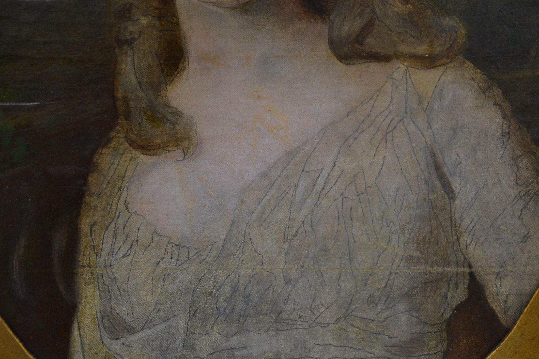 Detail d: Unbekannter Meister, wohl Frankfurter Raum, Ende 18. Jahrhundert, Halbporträt einer jungen Frau im hellen Kleid, wohl Vorstudie zu einer Kopie von ...