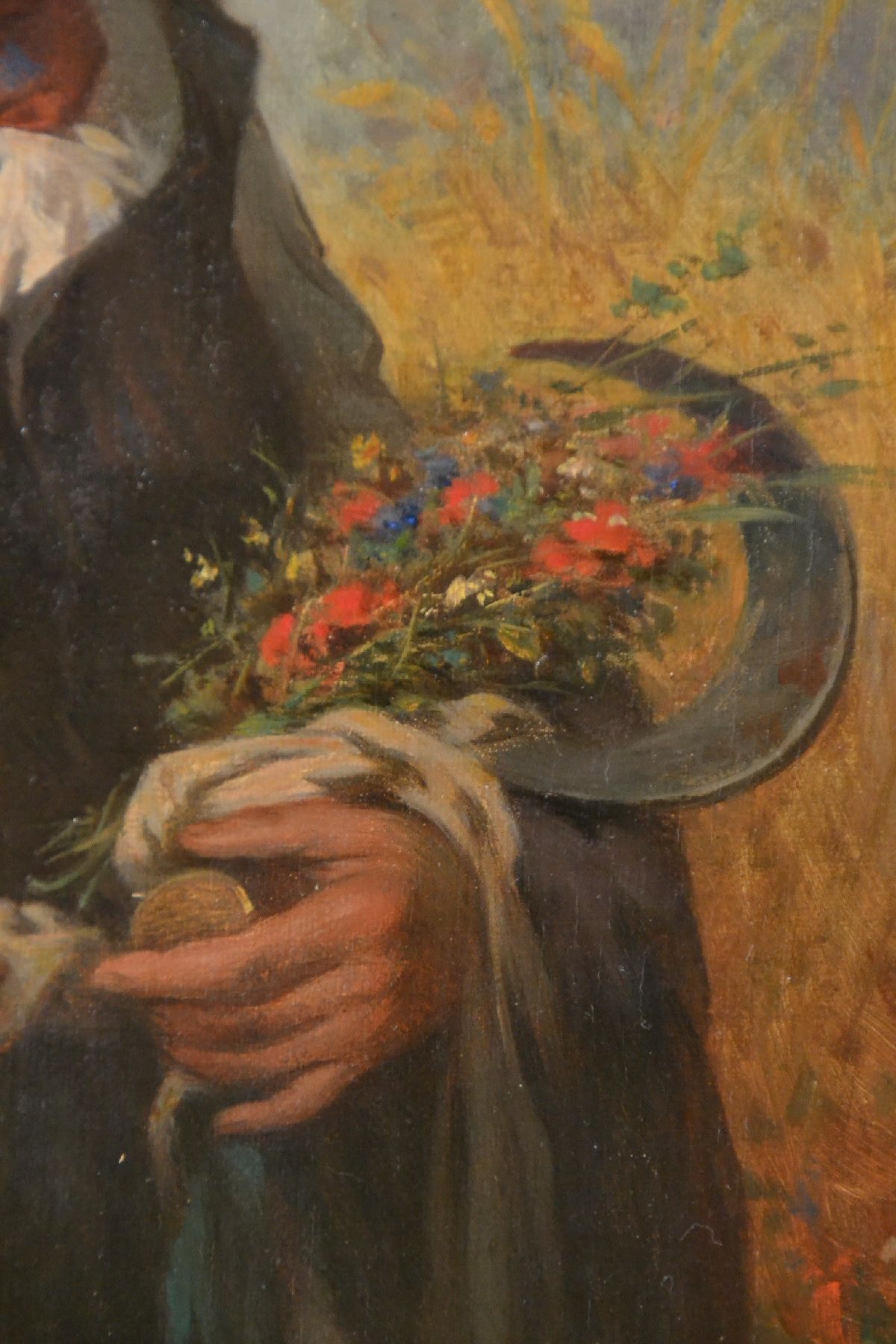 Detail c: August Clemens Humbert, 1827 Frankfurt 1898, junge Frau mit nach links gerichtetem Blick steht vor einem Kornfeld mit Blühstreifen, eine Hand in die ...