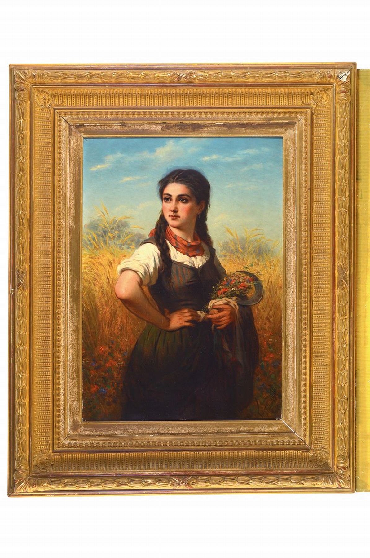 Detail k: August Clemens Humbert, 1827 Frankfurt 1898, junge Frau mit nach links gerichtetem Blick steht vor einem Kornfeld mit Blühstreifen, eine Hand in die ...