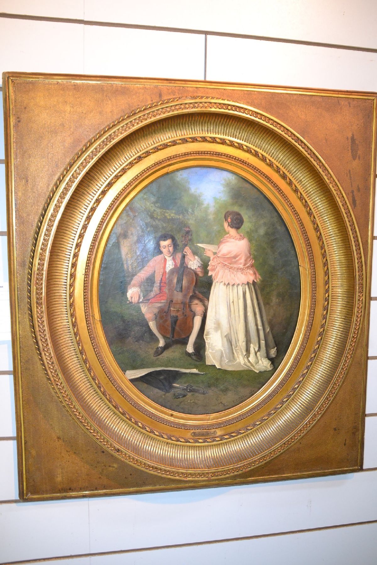 Detail c: Eugène Benjamin Fichel, 1826 Paris-1895, junger Cellospieler mit Sängerin, intime Darstellung des jungen musizierenden Paares in Parklandschaft, ...
