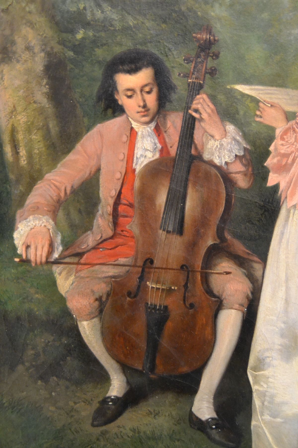 Detail d: Eugène Benjamin Fichel, 1826 Paris-1895, junger Cellospieler mit Sängerin, intime Darstellung des jungen musizierenden Paares in Parklandschaft, ...