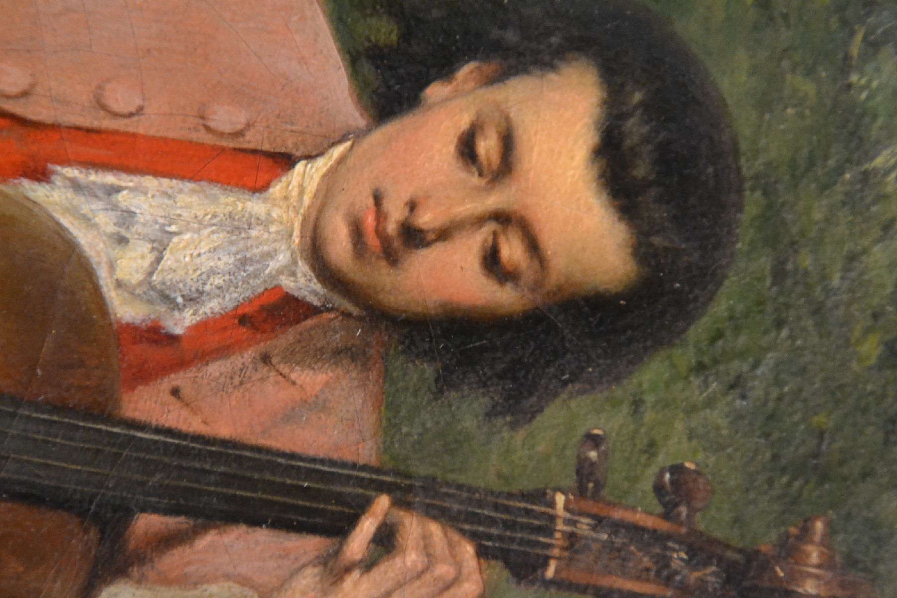 Detail e: Eugène Benjamin Fichel, 1826 Paris-1895, junger Cellospieler mit Sängerin, intime Darstellung des jungen musizierenden Paares in Parklandschaft, ...