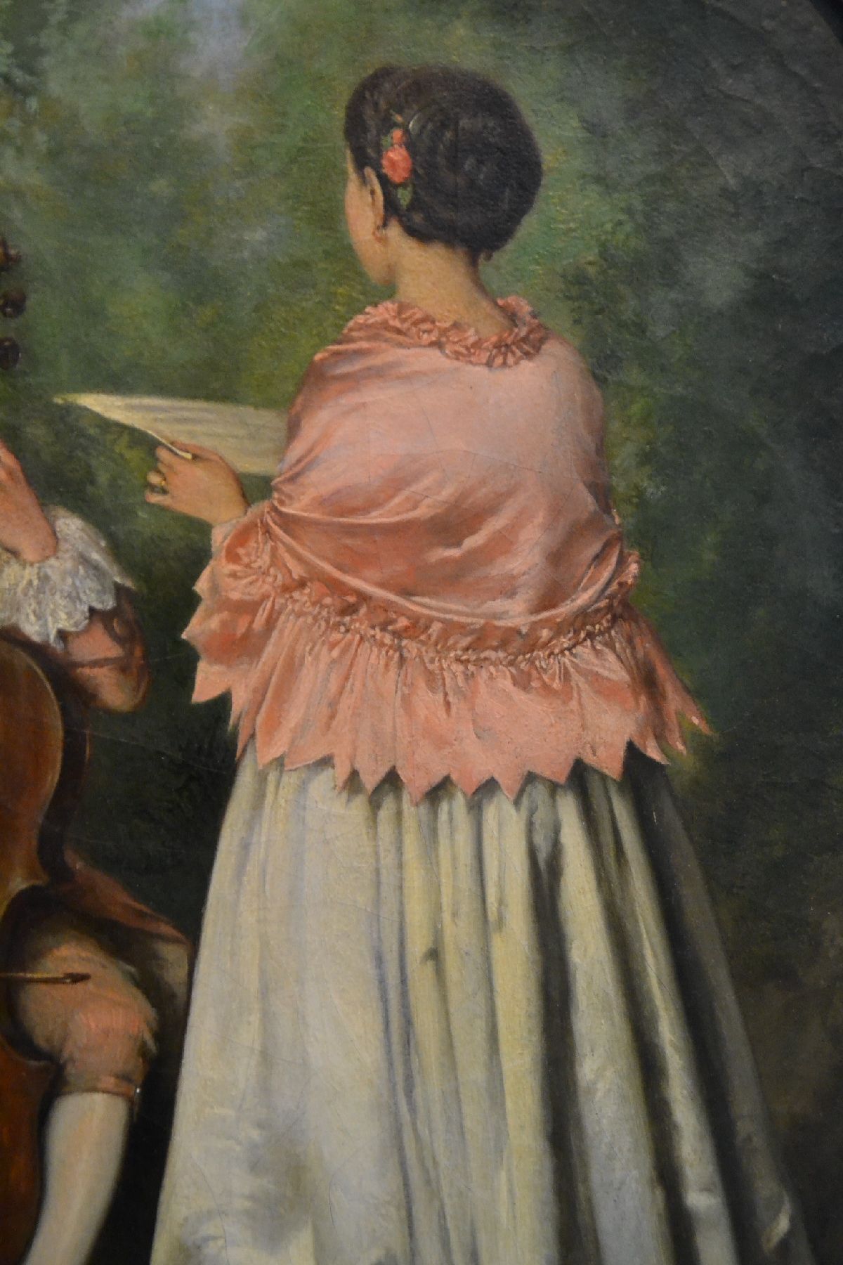Detail g: Eugène Benjamin Fichel, 1826 Paris-1895, junger Cellospieler mit Sängerin, intime Darstellung des jungen musizierenden Paares in Parklandschaft, ...