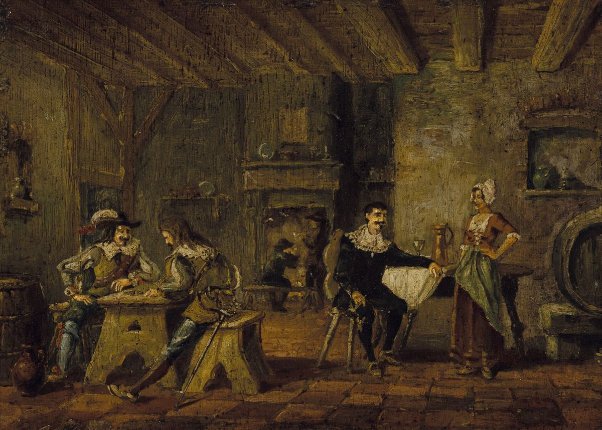 Zwei niederländische Barockgemälde, 2. Hälfte 18. Jh, Wirtshausszenen: zwei Tische mit spielenden Herren bzw. Edelmann mit Schankfrau und mehrere ...