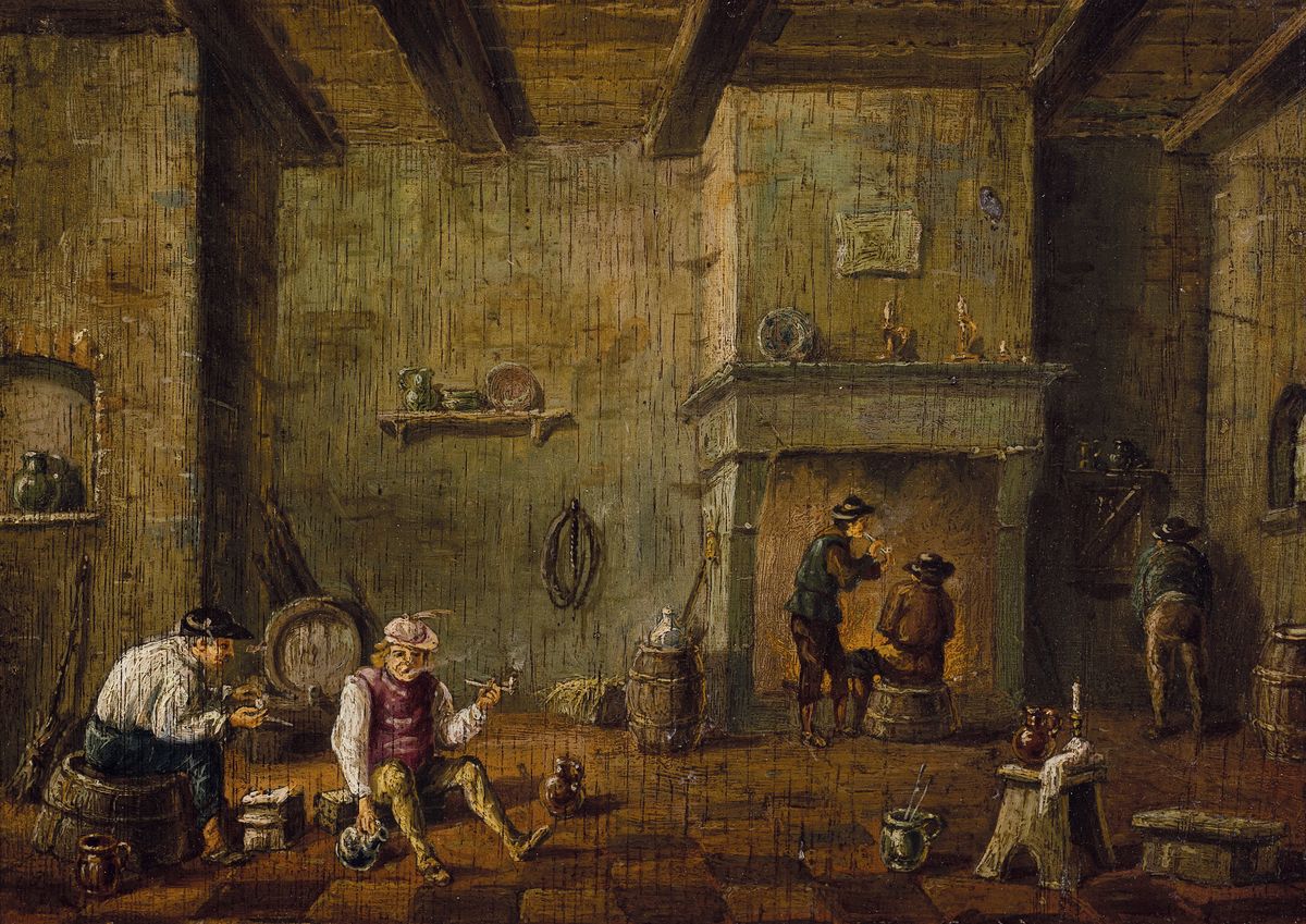Detail a: Zwei niederländische Barockgemälde, 2. Hälfte 18. Jh, Wirtshausszenen: zwei Tische mit spielenden Herren bzw. Edelmann mit Schankfrau und mehrere ...