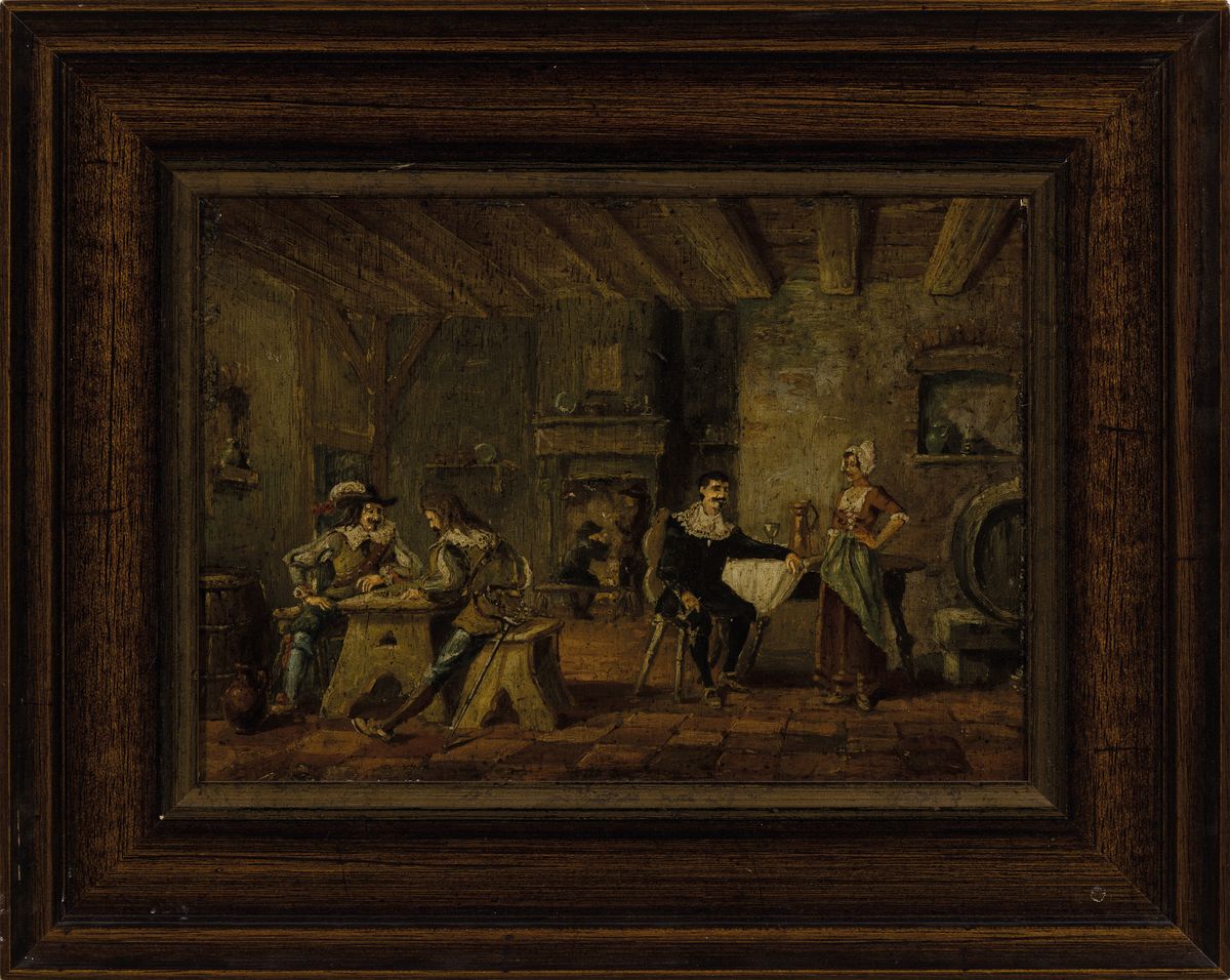 Detail k: Zwei niederländische Barockgemälde, 2. Hälfte 18. Jh, Wirtshausszenen: zwei Tische mit spielenden Herren bzw. Edelmann mit Schankfrau und mehrere ...