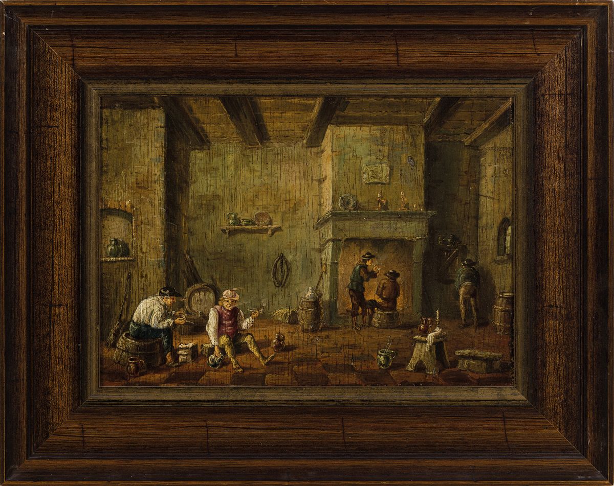 Detail l: Zwei niederländische Barockgemälde, 2. Hälfte 18. Jh, Wirtshausszenen: zwei Tische mit spielenden Herren bzw. Edelmann mit Schankfrau und mehrere ...