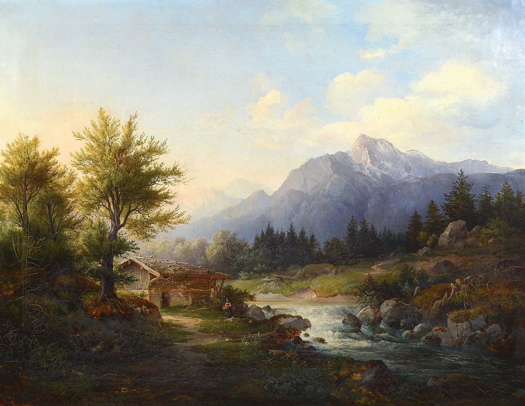 Ungedeuteter süddeutscher Künstler, Mitte 19. Jh., Spätromantische Gebirgslandschaft mit Almhütte und Bäuerin am Bach, feine lasierende Malerei, ...