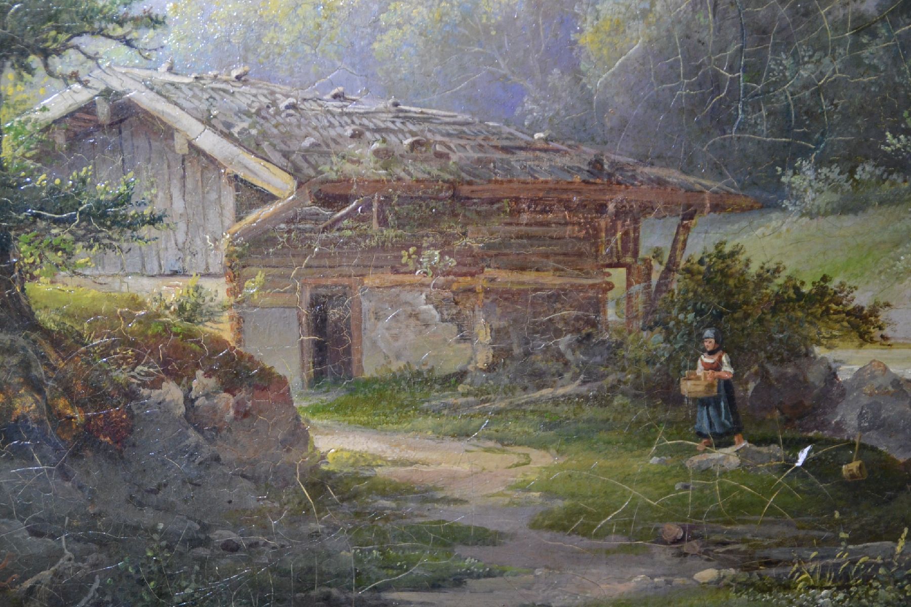 Detail c: Ungedeuteter süddeutscher Künstler, Mitte 19. Jh., Spätromantische Gebirgslandschaft mit Almhütte und Bäuerin am Bach, feine lasierende Malerei, ...