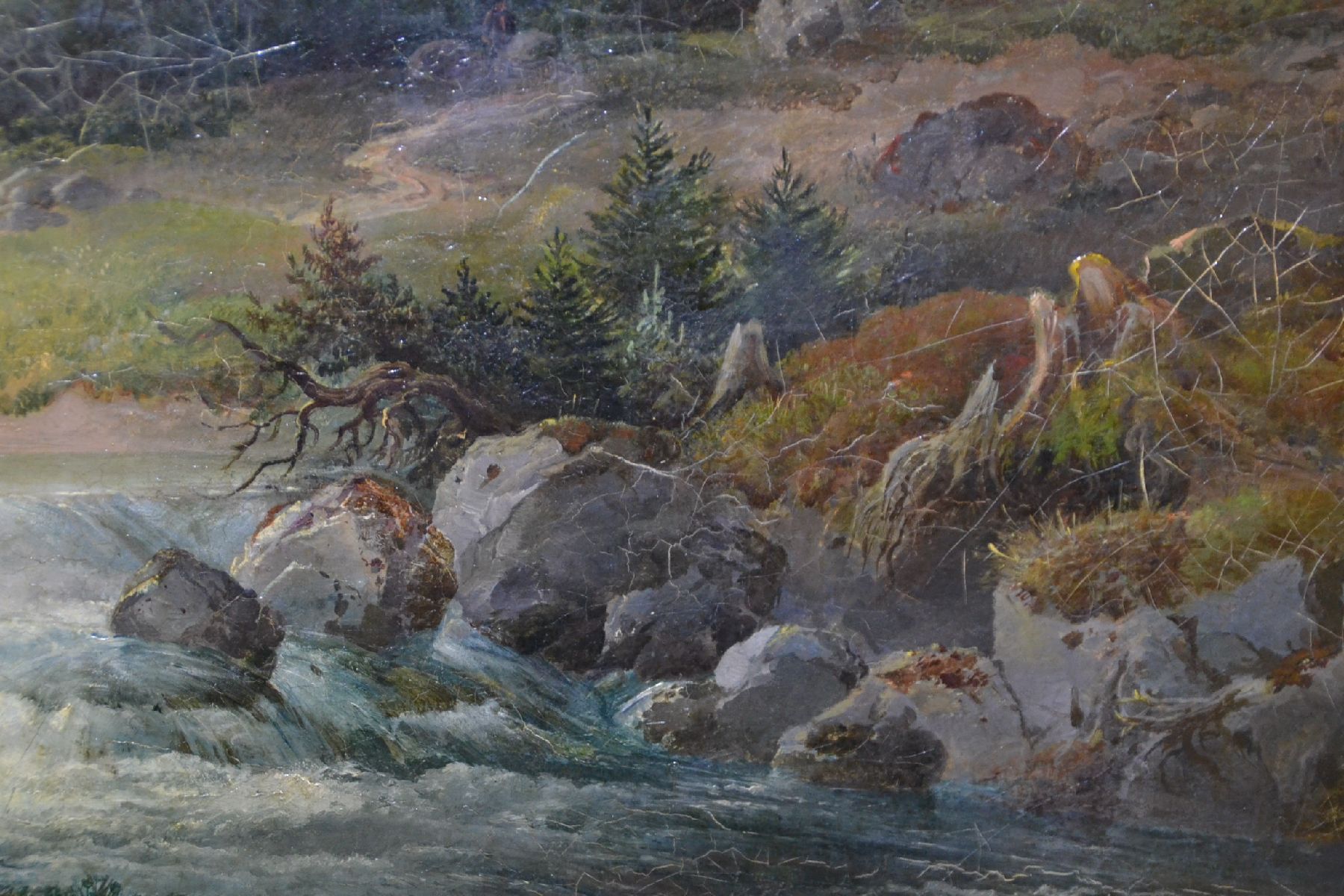 Detail d: Ungedeuteter süddeutscher Künstler, Mitte 19. Jh., Spätromantische Gebirgslandschaft mit Almhütte und Bäuerin am Bach, feine lasierende Malerei, ...
