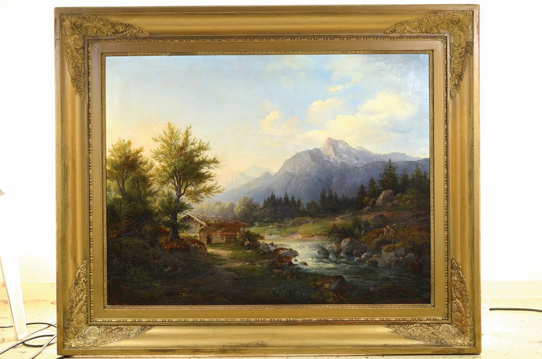 Detail k: Ungedeuteter süddeutscher Künstler, Mitte 19. Jh., Spätromantische Gebirgslandschaft mit Almhütte und Bäuerin am Bach, feine lasierende Malerei, ...