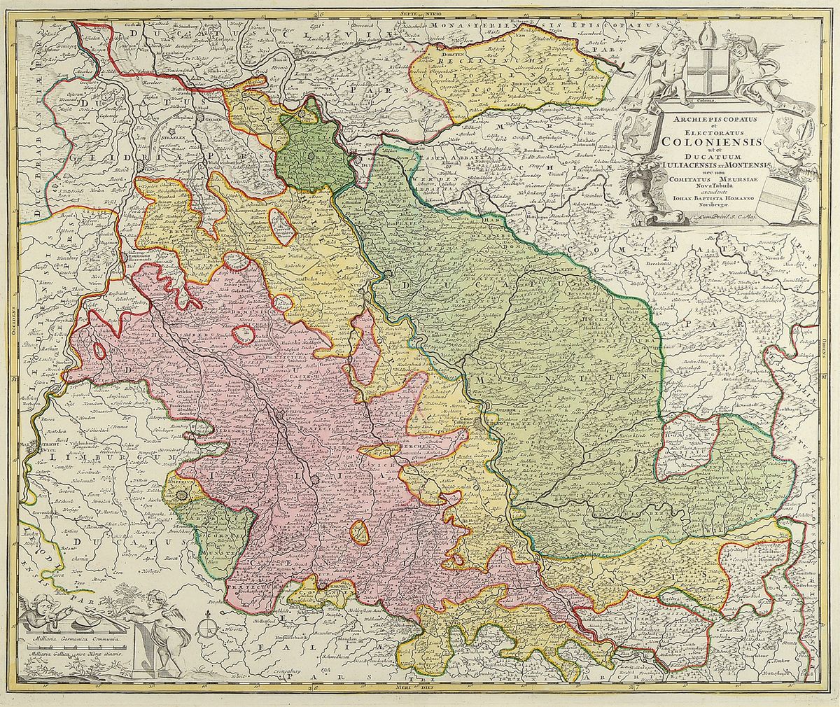 4 Kupferstiche 18. Jh., a. Drei Ansichten von Karlsruhe, Homann, altkoloriert,stockfleckig, ca. 63 x 54 cm, b. Karte von Köln und angrenzende ...