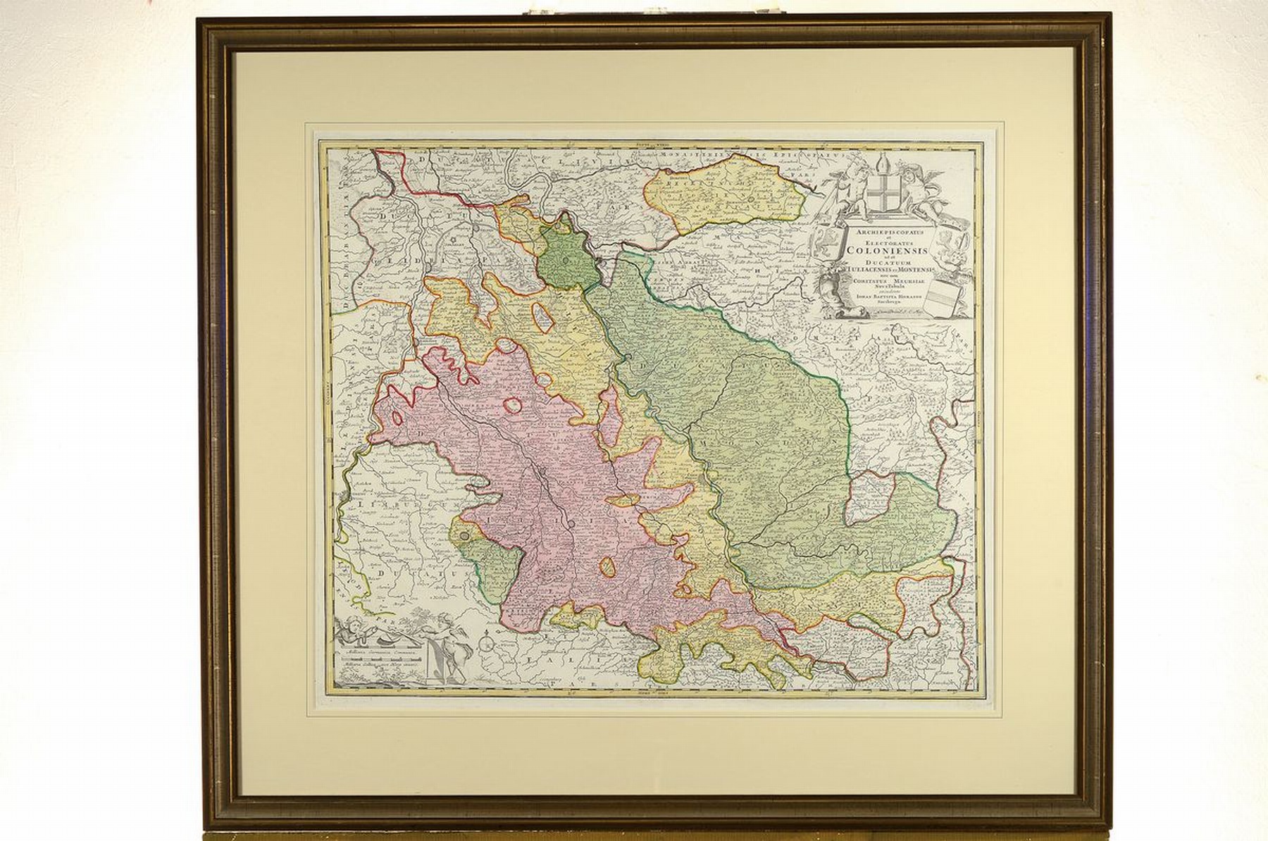 Detail k: 4 Kupferstiche 18. Jh., a. Drei Ansichten von Karlsruhe, Homann, altkoloriert,stockfleckig, ca. 63 x 54 cm, b. Karte von Köln und angrenzende ...