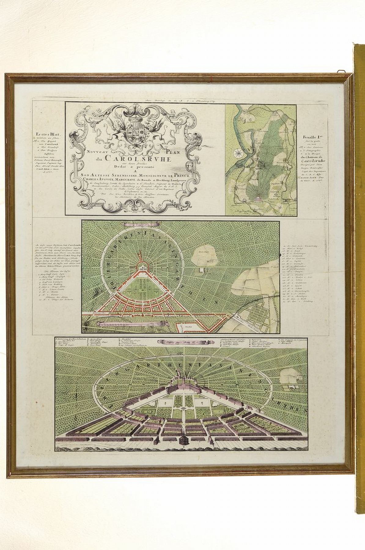 Detail l: 4 Kupferstiche 18. Jh., a. Drei Ansichten von Karlsruhe, Homann, altkoloriert,stockfleckig, ca. 63 x 54 cm, b. Karte von Köln und angrenzende ...