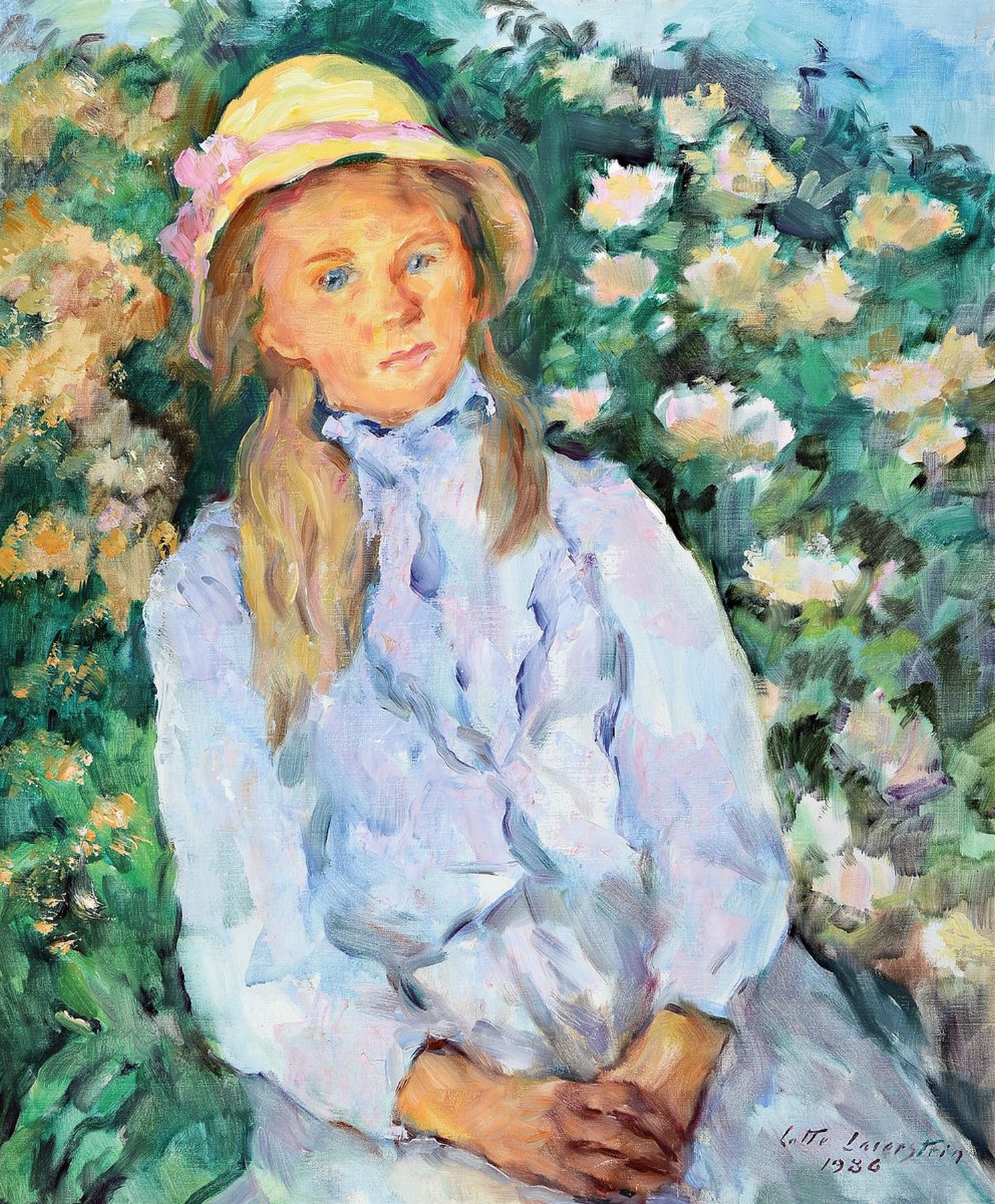 Lotte Laserstein, 1898 Schweden 1993, Halbporträt eines Mädchens vor Blumen, Öl/Lwd, re. u. signiert und dat. 1986, 73 x 60 cm, Rahmen