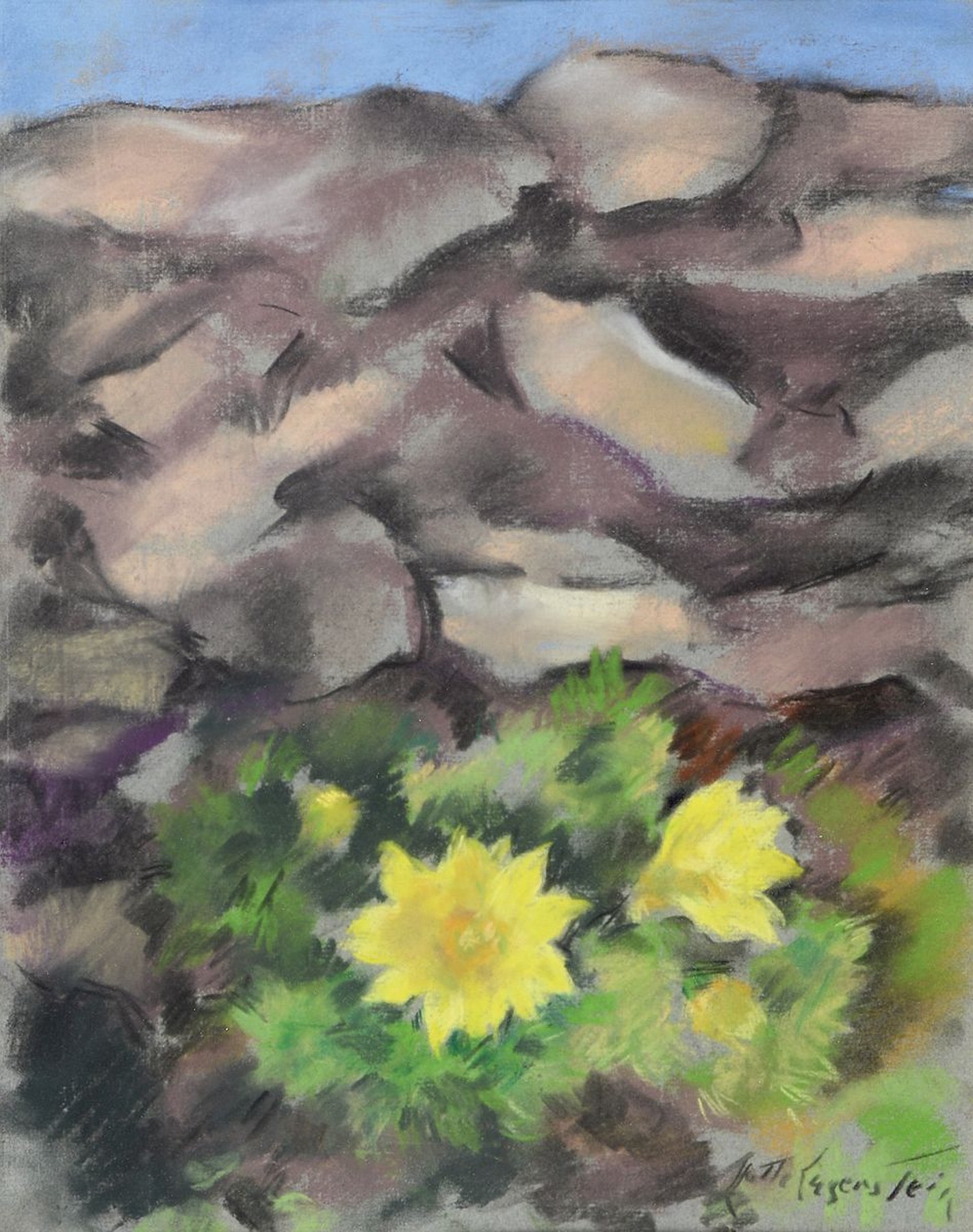 Lotte Laserstein, 1898 Schweden 1993, Felsenlandschaft mit gelben Blumen, Pastell, re. u. signiert, 53 x 41 cm, unter Glas, Rahmen