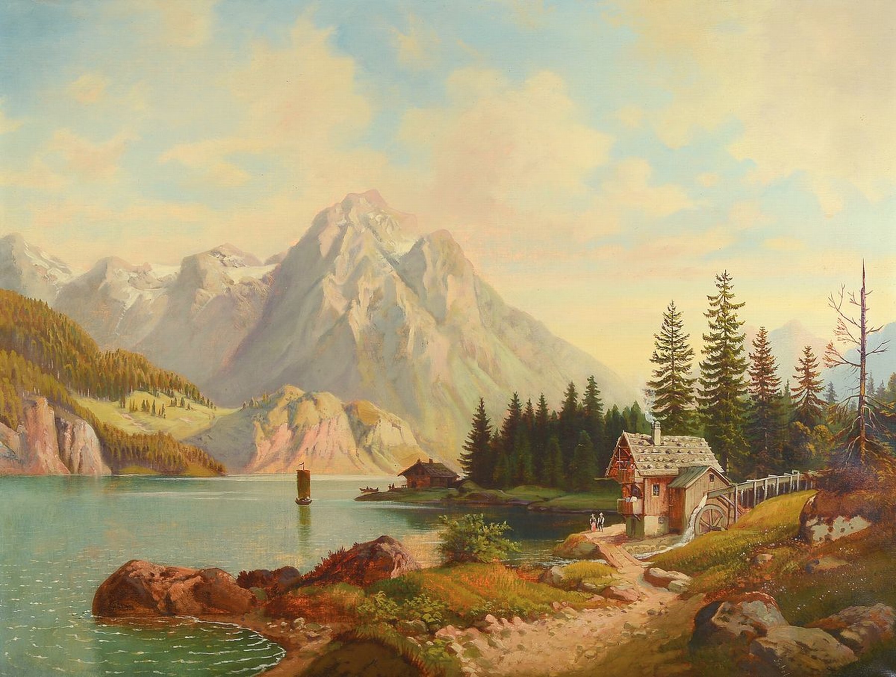 Süddeutscher Künstler, um 1880, Gebirgssee mit Mühle und Bauernpaar, Öl/Lwd, unsigniert, ca. 71 x 93 cm, Prunkrahmen