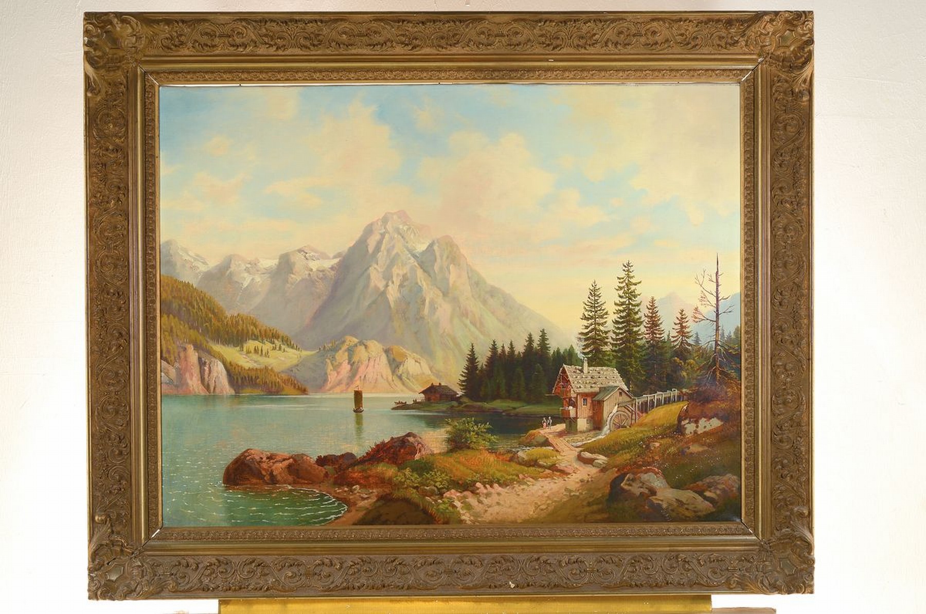 Detail k: Süddeutscher Künstler, um 1880, Gebirgssee mit Mühle und Bauernpaar, Öl/Lwd, unsigniert, ca. 71 x 93 cm, Prunkrahmen