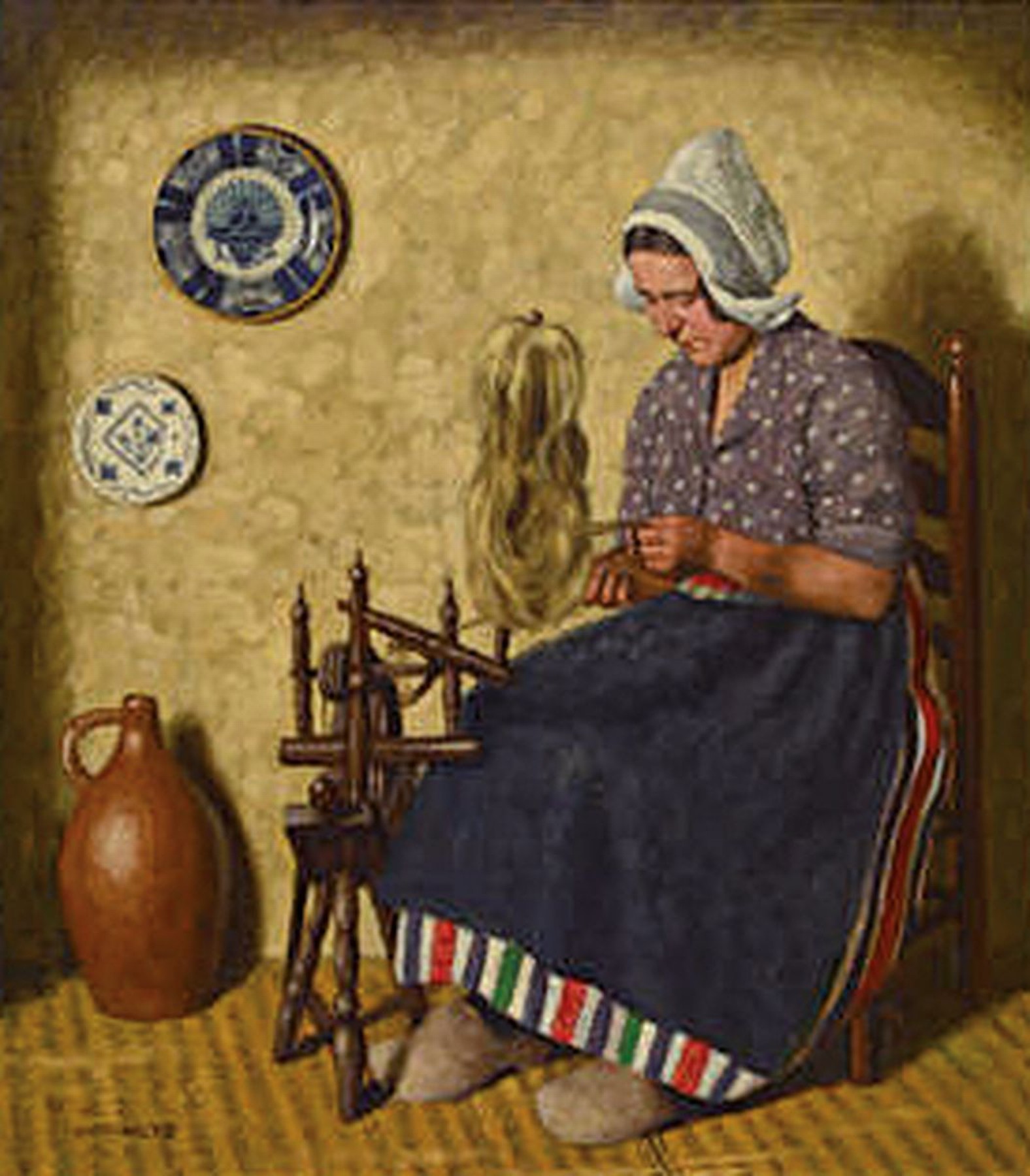 Wilhelm Gdanietz, 1893 Mainz-1969 Düsseldorf, Landschafts-, Genre- und Interieurmaler, Studium in Düsseldorf, friesische Bäuerin am Spinnrad, ...