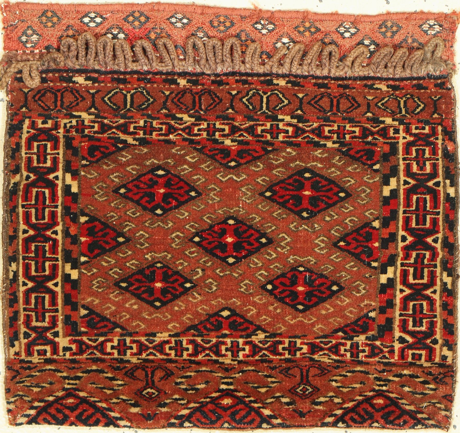 Turkmenische Tasche, Turkmenistan, um 1920, Wolle auf Wolle, ca. 52 x 47 cm, LeichteGebrauchsspuren