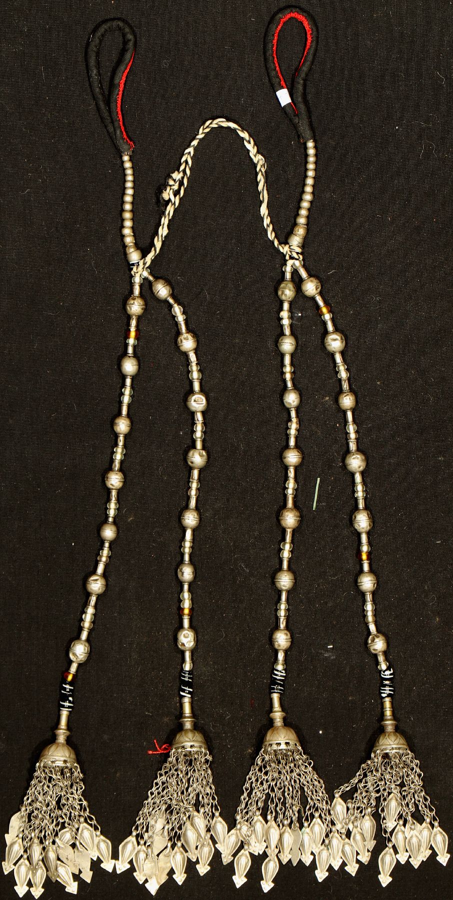 Tekke Zopfschmuck(Satschilk), antik, Turkmenistan, um 1900, Silberkugeln,Glasperlenca, 65 cm Lang, guter Zustand