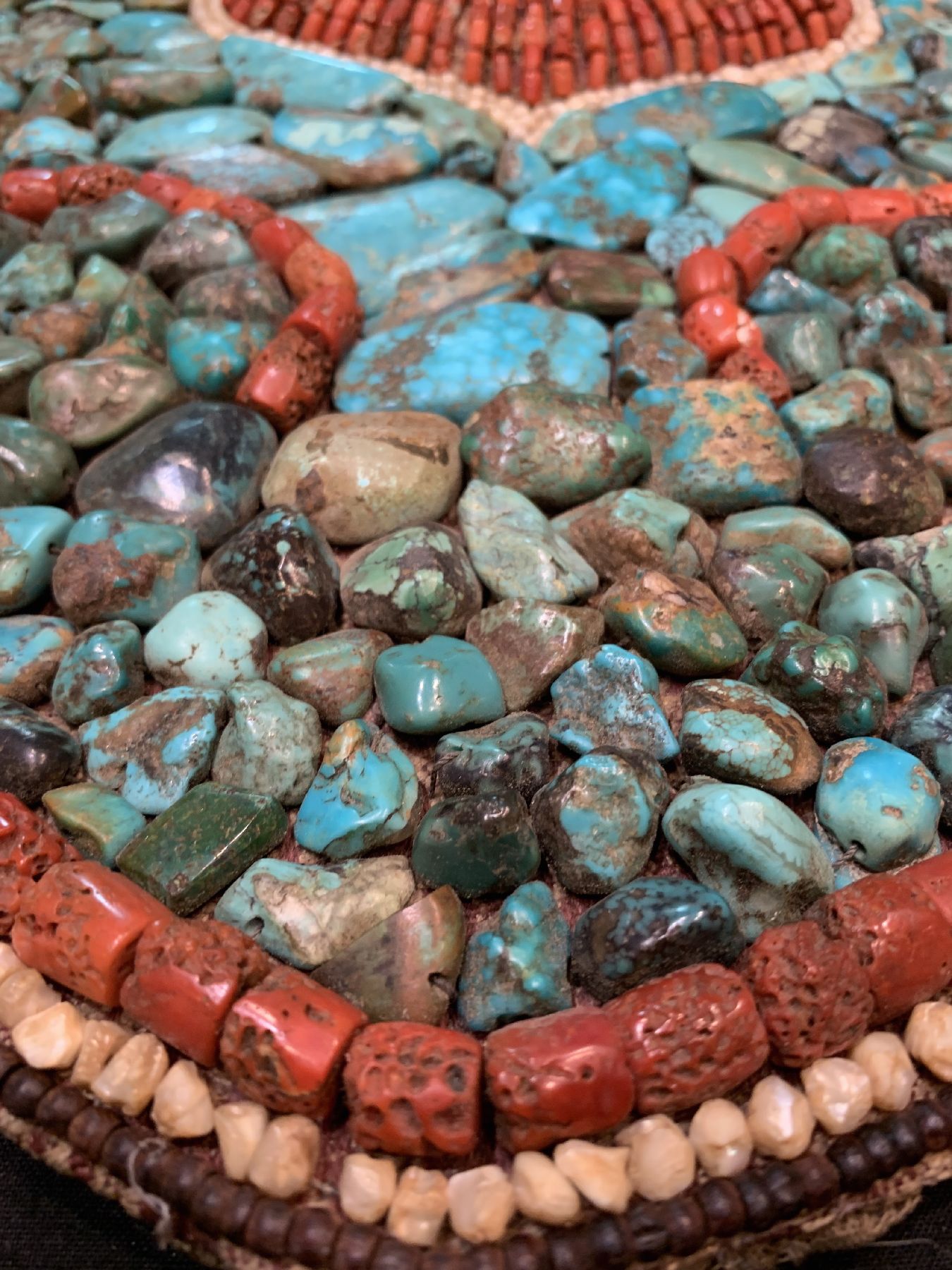 Detail a: Ladakh Brustschmuck, antik, um 1900, Türkissteine, Korallen, Perlmuttperlen auf Filz, ca. 44 X 44 cm, guter Zustand