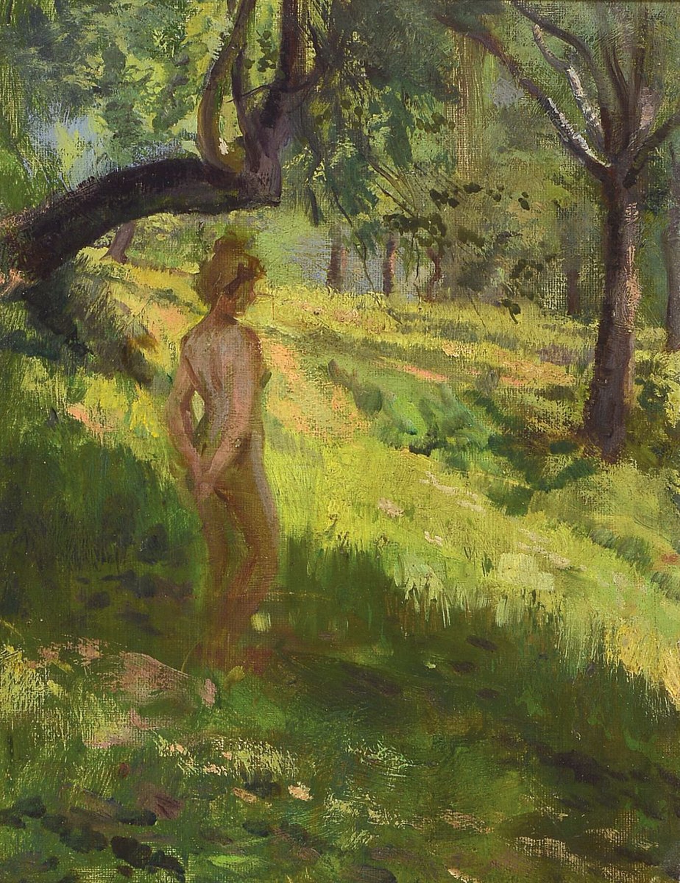 Hermann Moest, 1868 Karlsruhe-1945 Berlin, Akt im Wald, Öl/Malkarton, unsigniert, rückseitig Nachlaßstempel, ca. 37x28cm, R. ca. 57x50cm