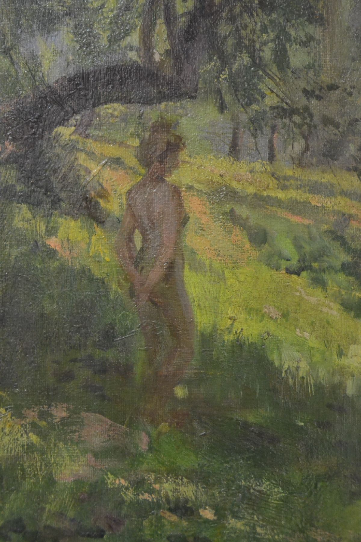 Detail b: Hermann Moest, 1868 Karlsruhe-1945 Berlin, Akt im Wald, Öl/Malkarton, unsigniert, rückseitig Nachlaßstempel, ca. 37x28cm, R. ca. 57x50cm